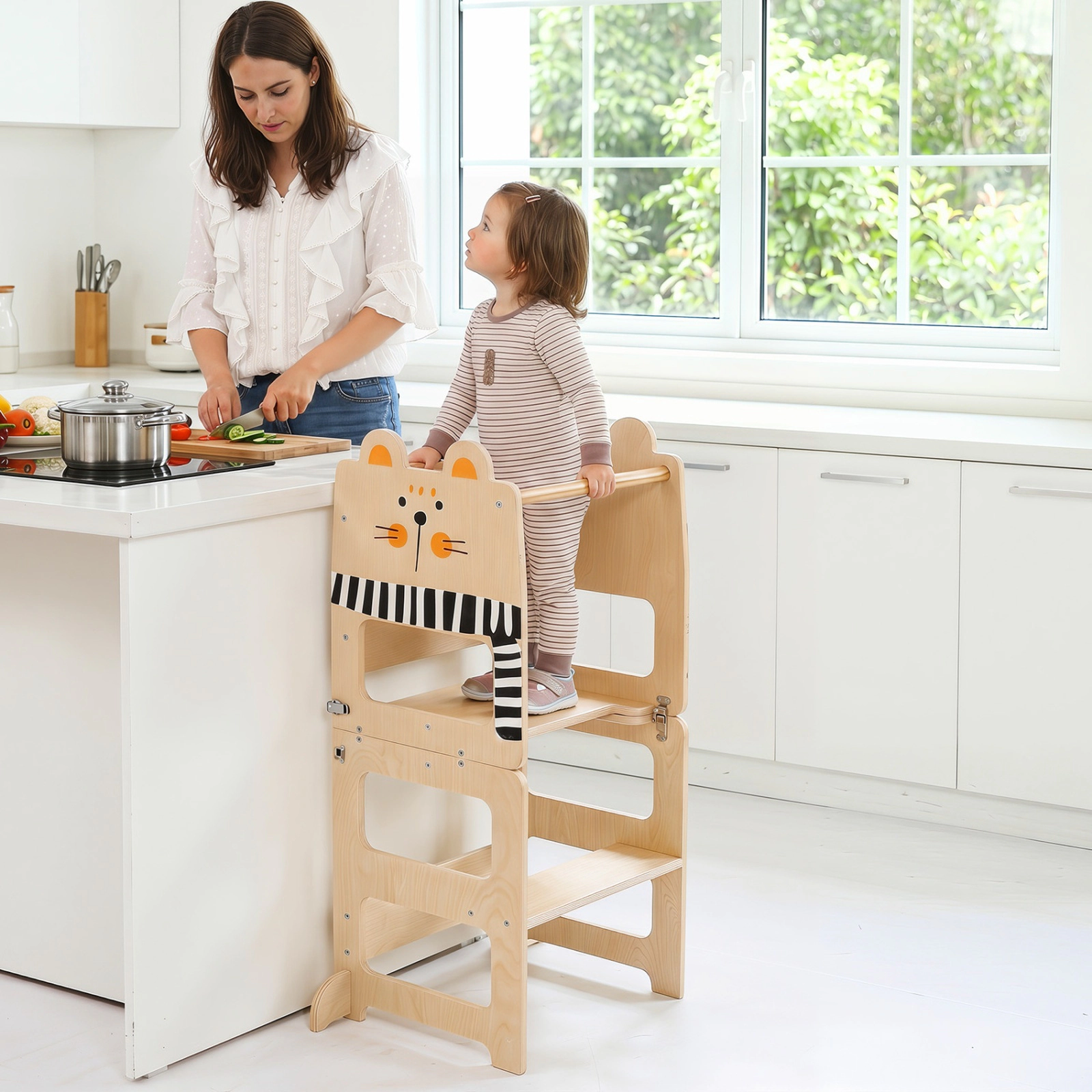 SUGIFT 3-in-1 Wooden Toddler Kitchen Step Stool Black and White with Chalkboard