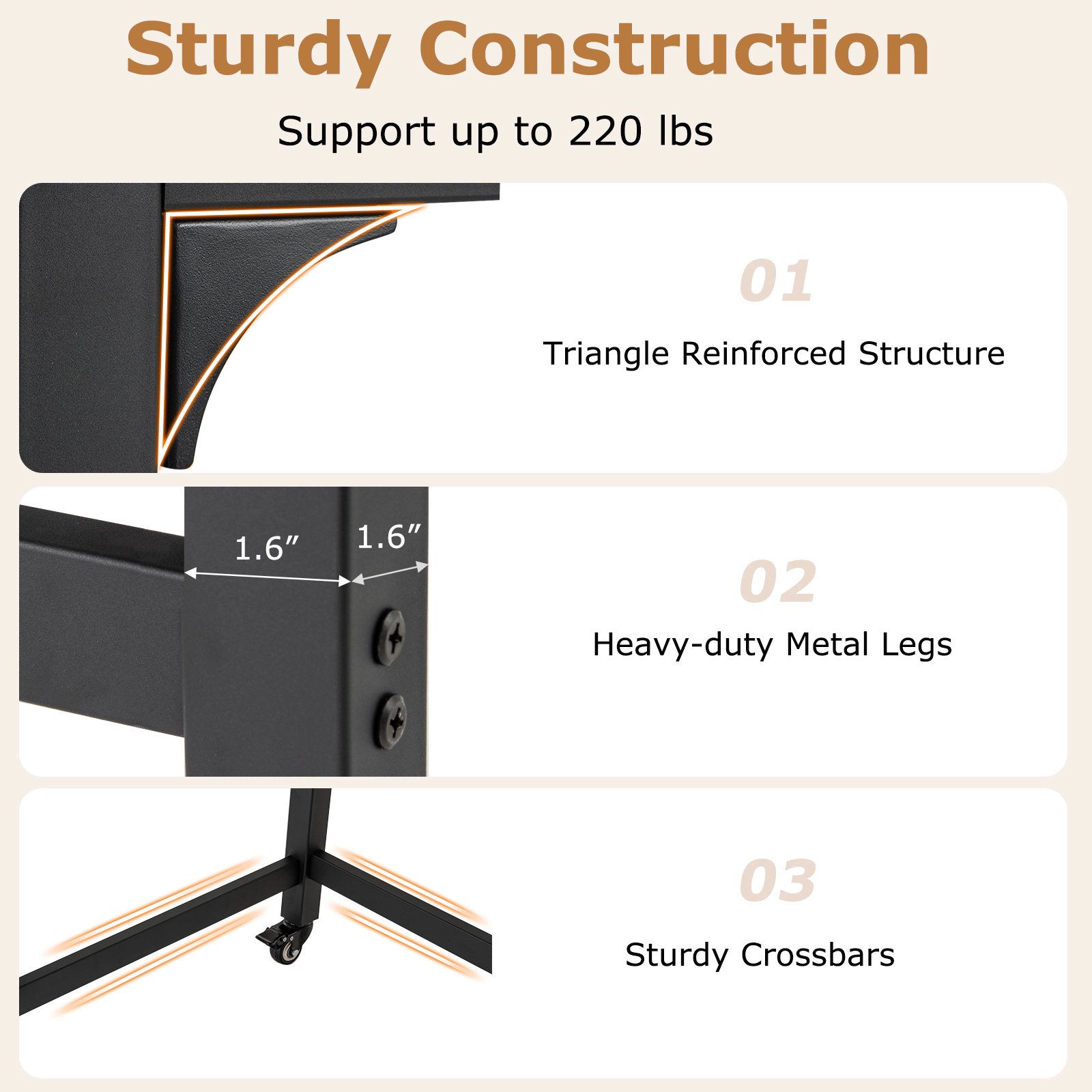SUGIFT 48-Inch Rolling Computer Desk, Rustic Brown, 220-lb Capacity, Locking Wheels and Storage Bag