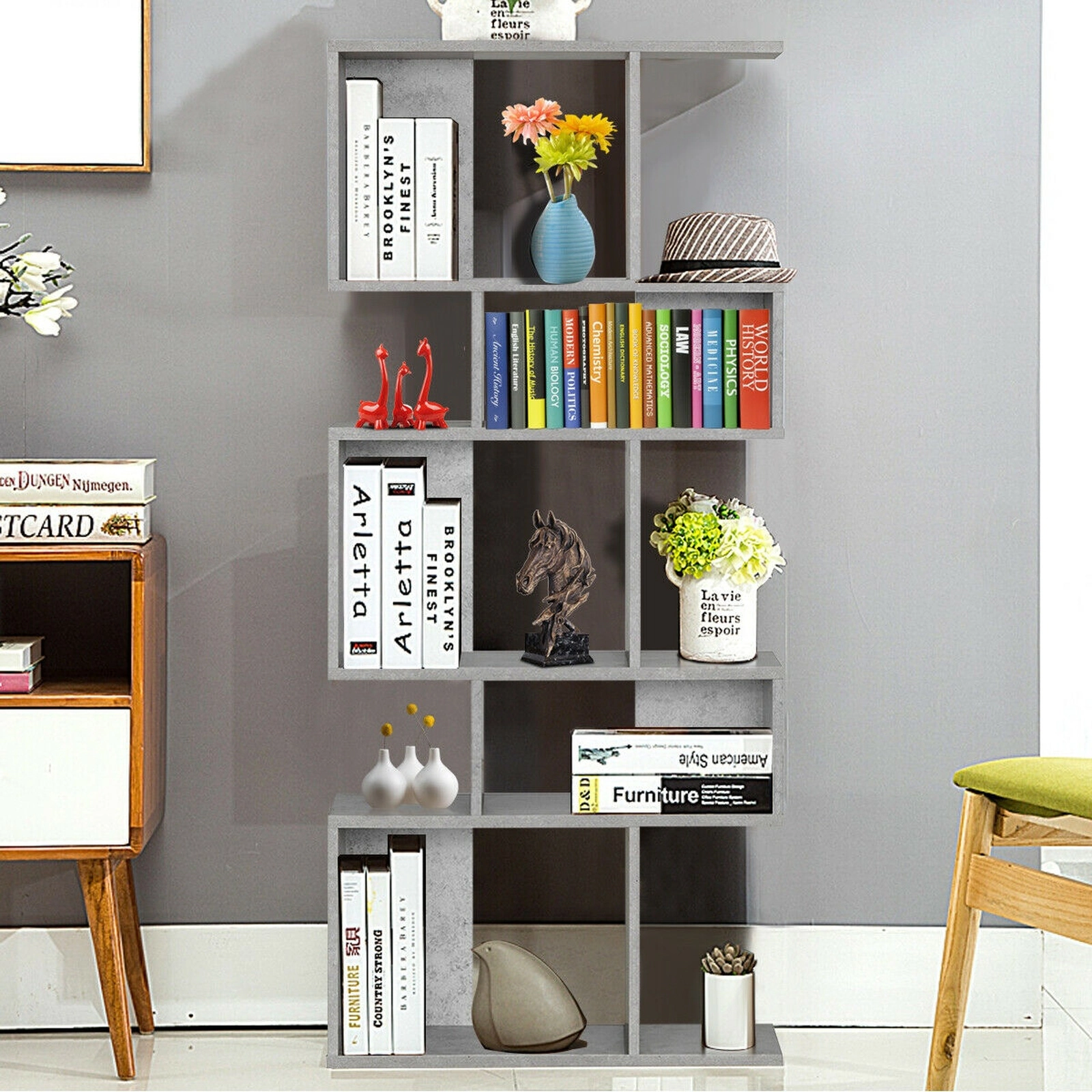 SUGIFT 5-Cube Ladder Corner Bookshelf 70 Tall Display Rack