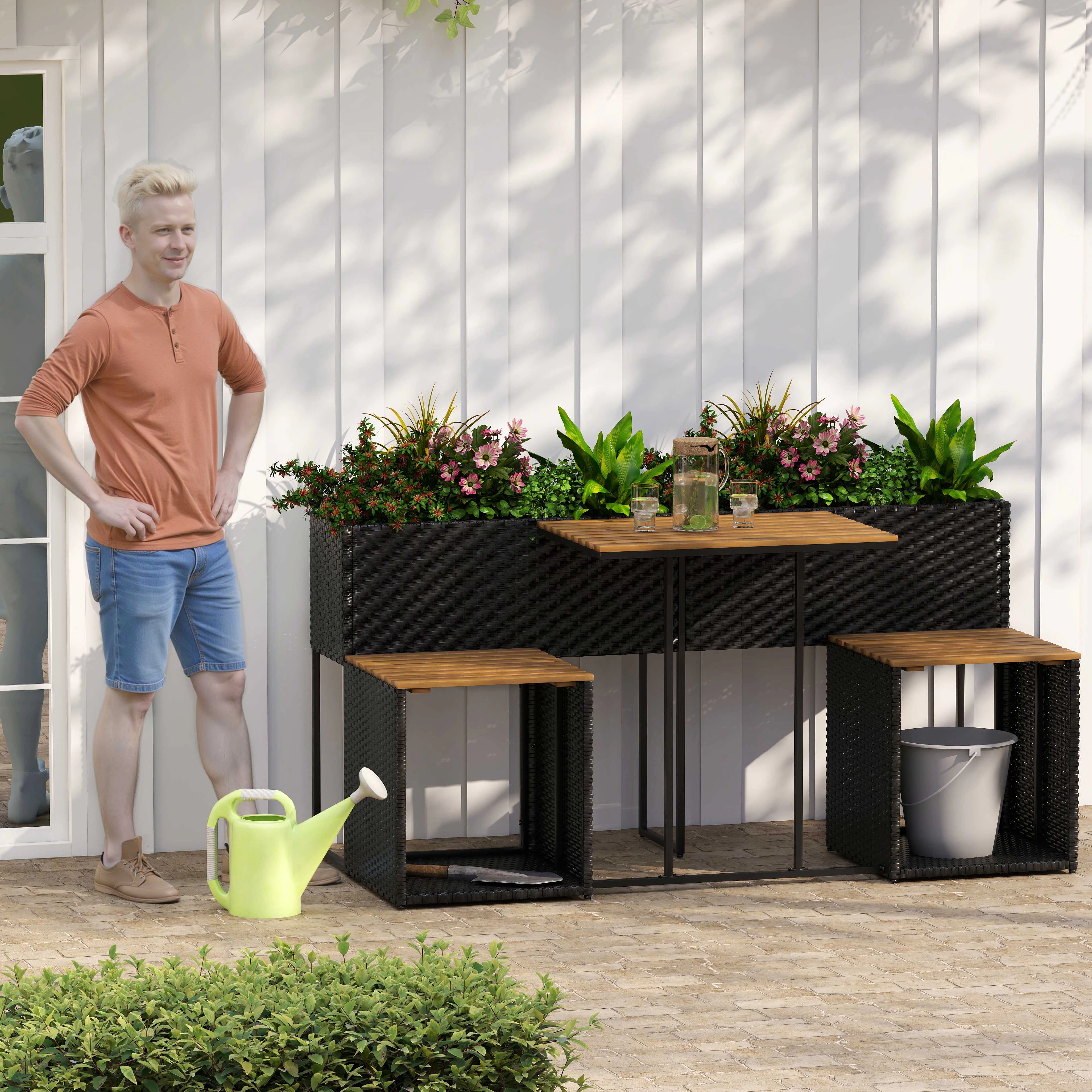 SUGIFT 59-In Black Patio Set with Raised Garden Bed, Planter Table, 2 Seats and Storage Shelf