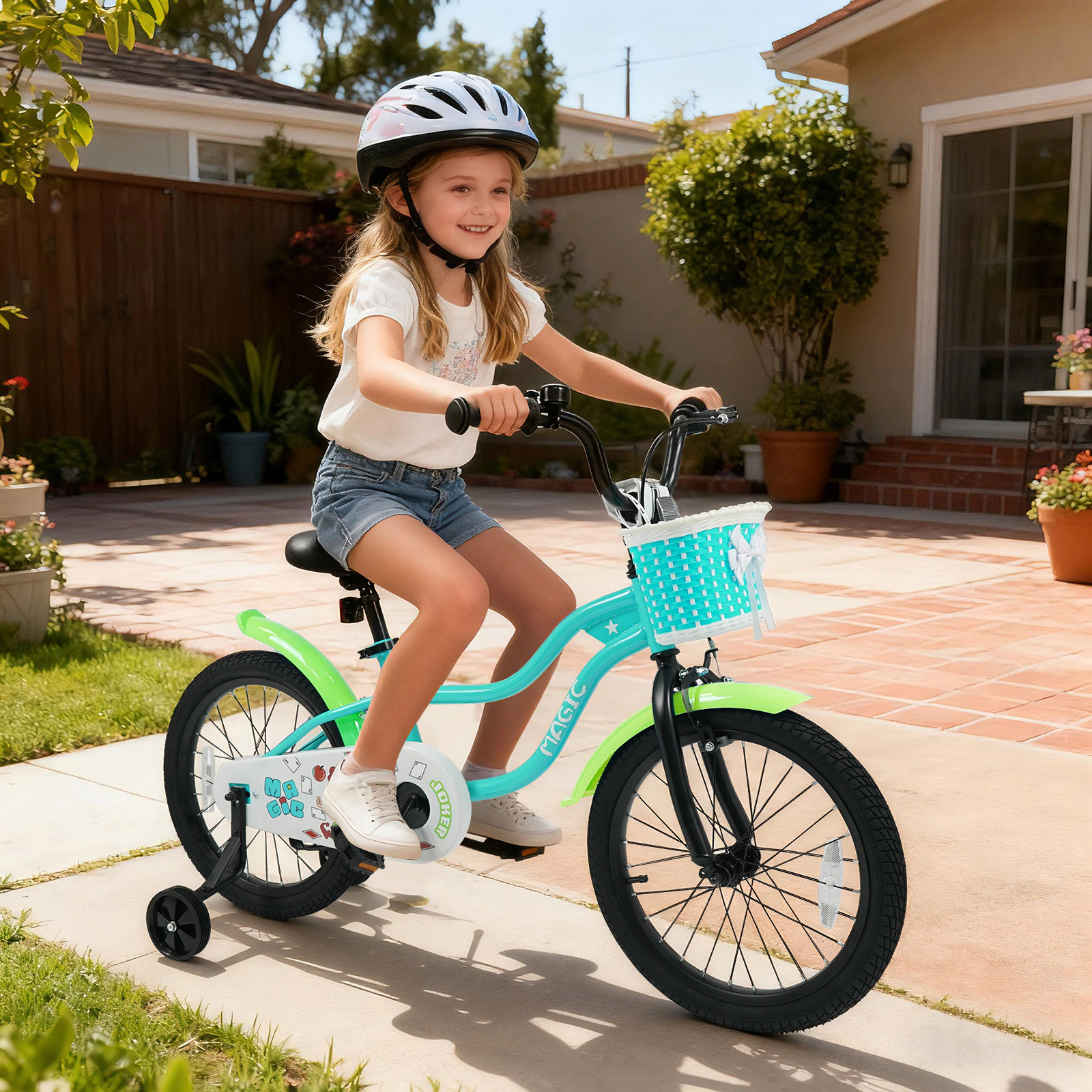 18-in Kids Bike Green Training Wheels Front Basket Bell Ages 4-8 Bicycle Adjustable Saddle Mudguards 132-lb Capacity