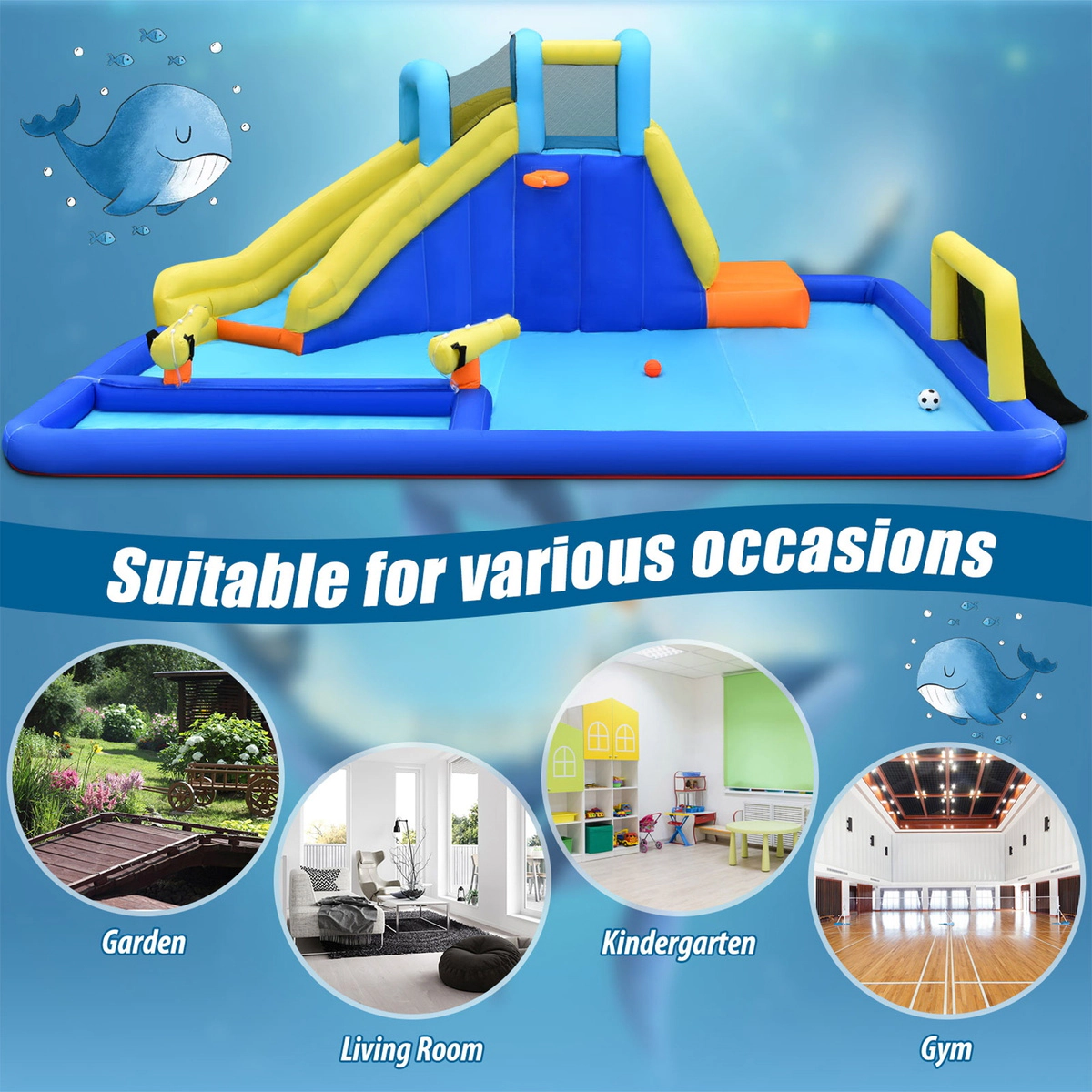 SUGIFT 6-in-1 Inflatable Water Slide Jumping House 265-lb Capacity Ages 3-12 Blue Yellow without Blower