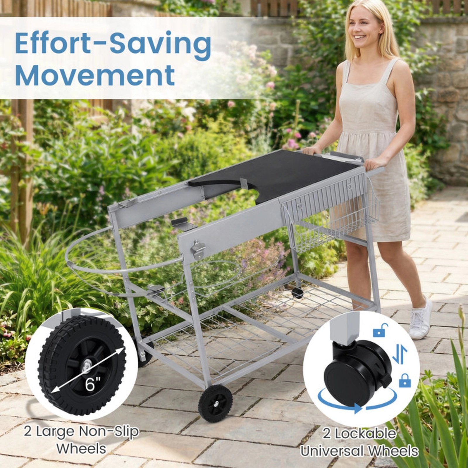 SUGIFT Black Rolling Grill Cart Table with Lid Holder and Seasoning Rack 55.5-in W 24.5-in D 31.5-in H
