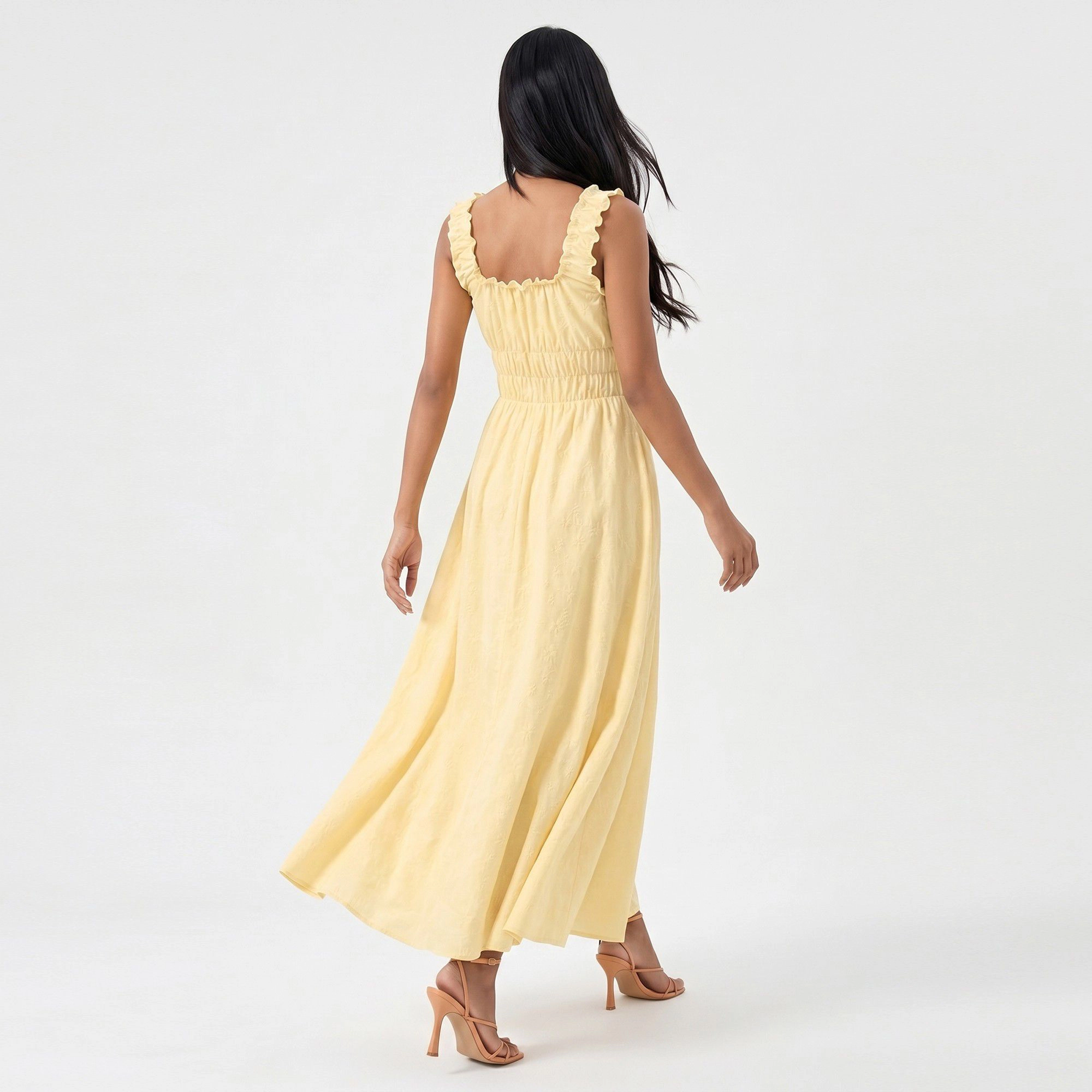 Anna-Kaci Women's Smocked Ruffle Straps Tie Front Neckline Maxi Dress