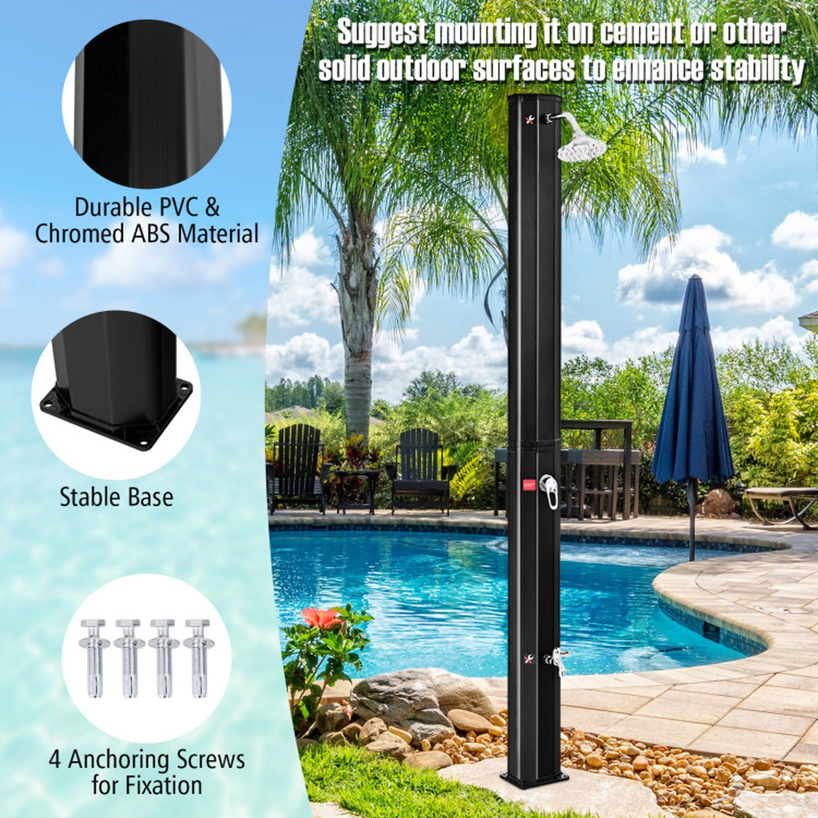 SUGIFT 7.2-ft Adjustable Outdoor Solar Heating Shower with 9.3-gal PVC Tank and Rotating Shower Head