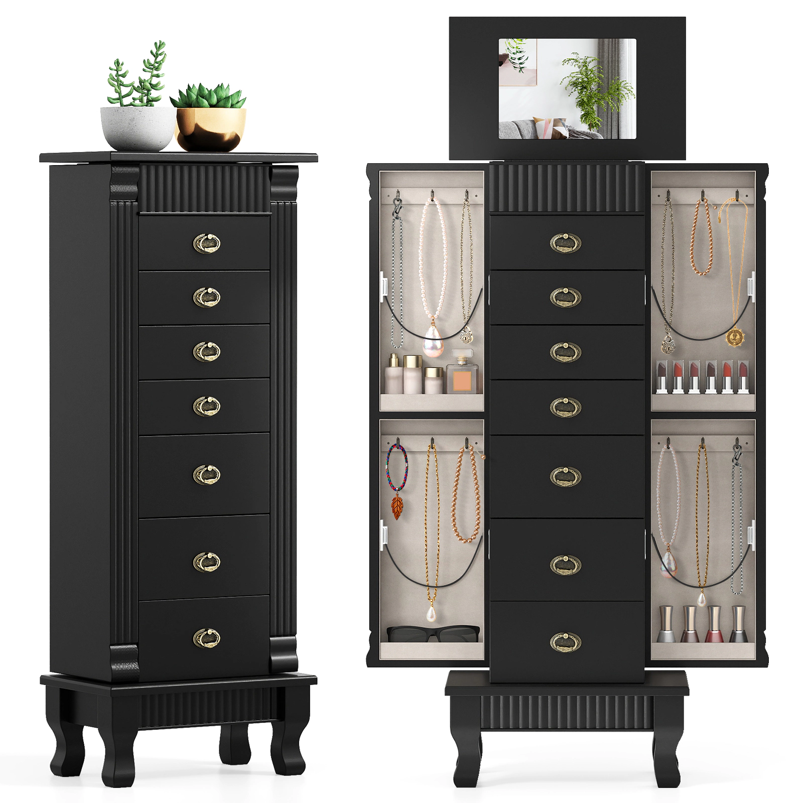 SUGIFT Wooden Jewelry Armoire Storage Chest with 7 Drawers and Side Swing Doors