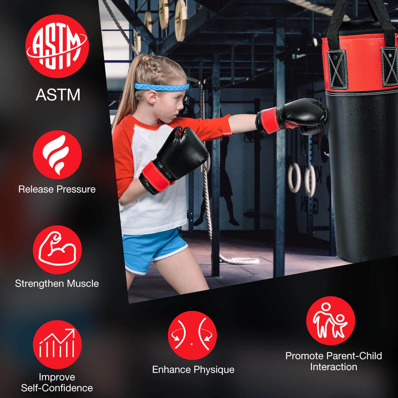 SUGIFT Black 11-lb Kids Hanging Punching Bag with Boxing Gloves and 95-in Hand Wraps 8-in W 8-in D 23.5-in H