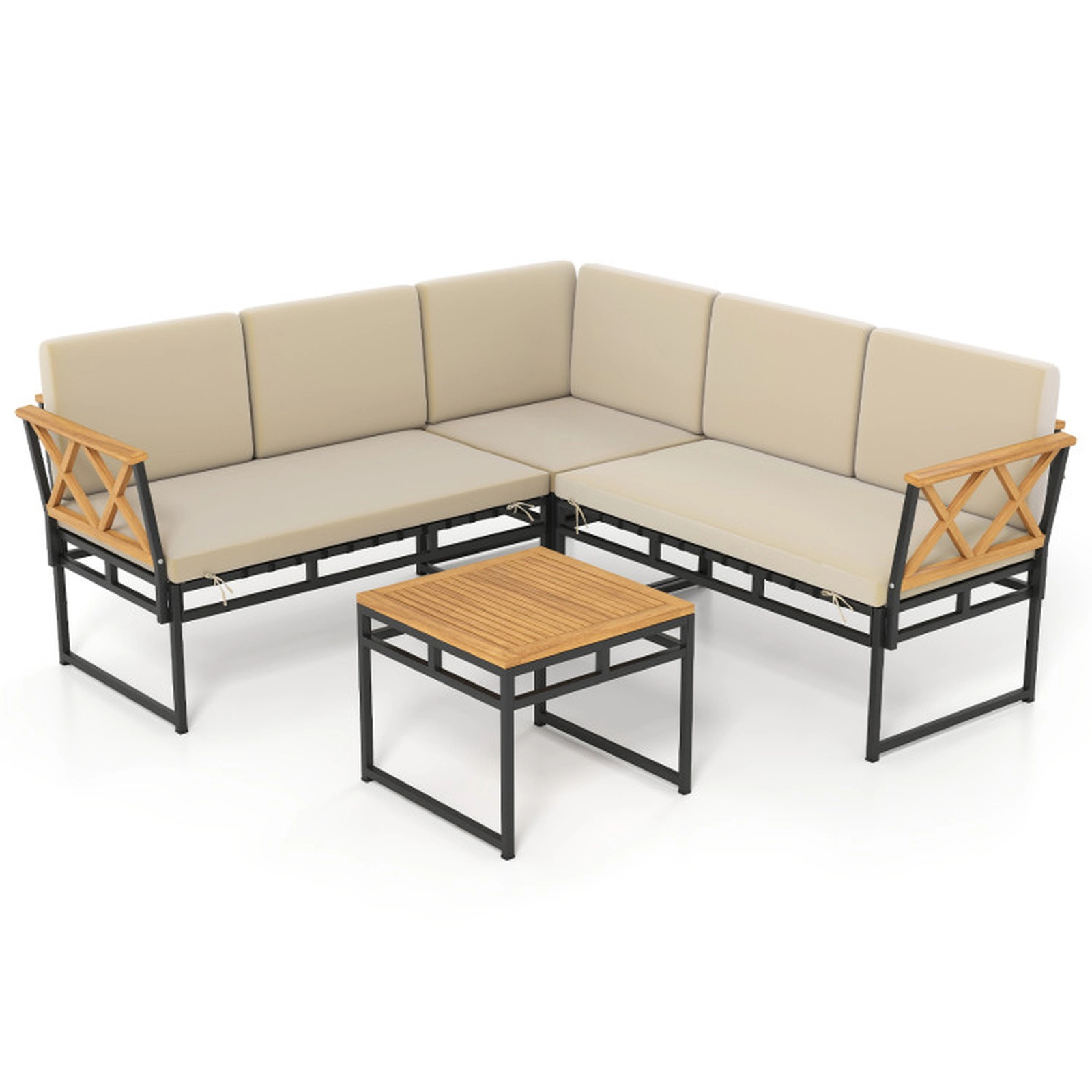 SUGIFT Brown Acacia Wood Armrests and Coffee Table 4-Piece Patio L-Shaped Sofa Set