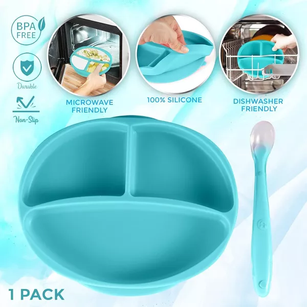 Sperric Silicone Suction Plate for Baby, 100% Food Grade Divided Plate, Self Feeding Training & Spoon 1Set