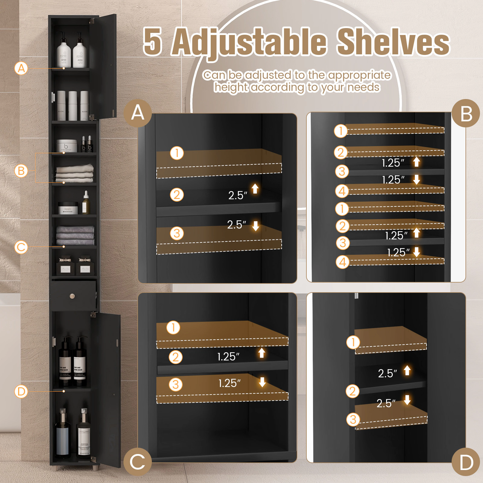 Glintex 71-Inch Slim Bathroom Tower with 5 Adjustable Shelves and 1 Drawer