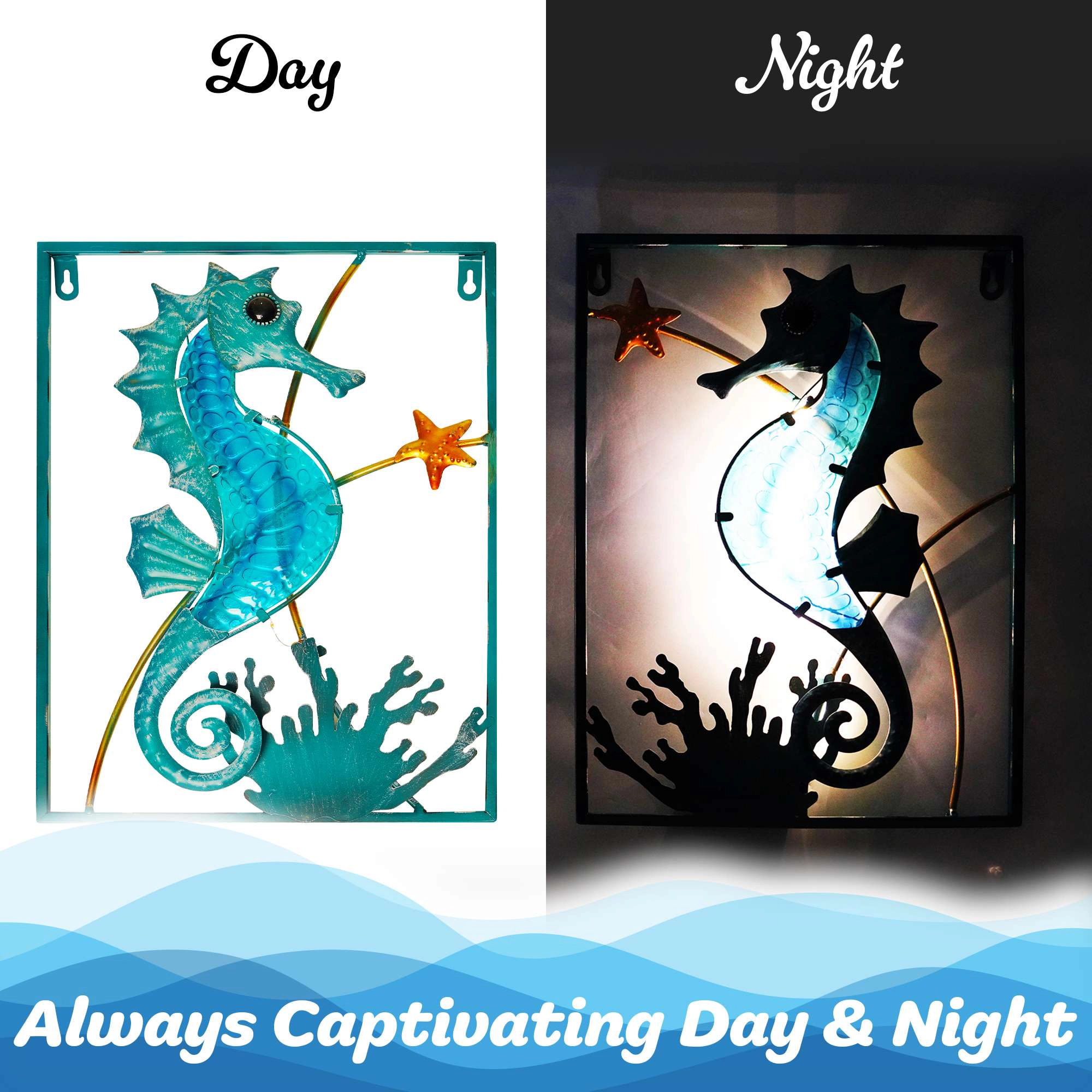 G128 Seahorse Metal Wall Art Set - Turquoise LED Coastal Decor, 16" x 12", Set of 2 - Battery Operated