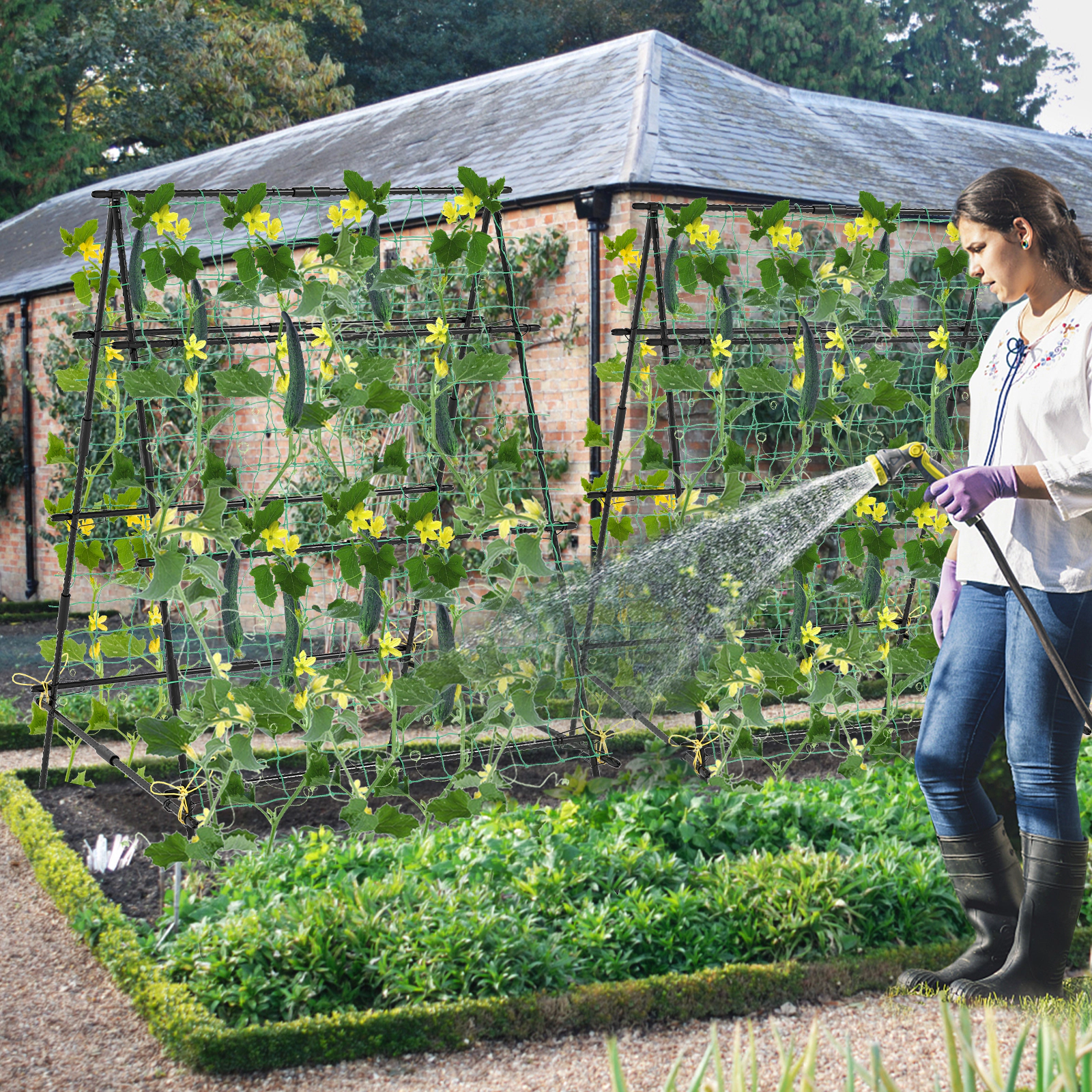 LJG A-Frame Garden Cucumber Trellis with Netting for Climbing Plants Outdoor