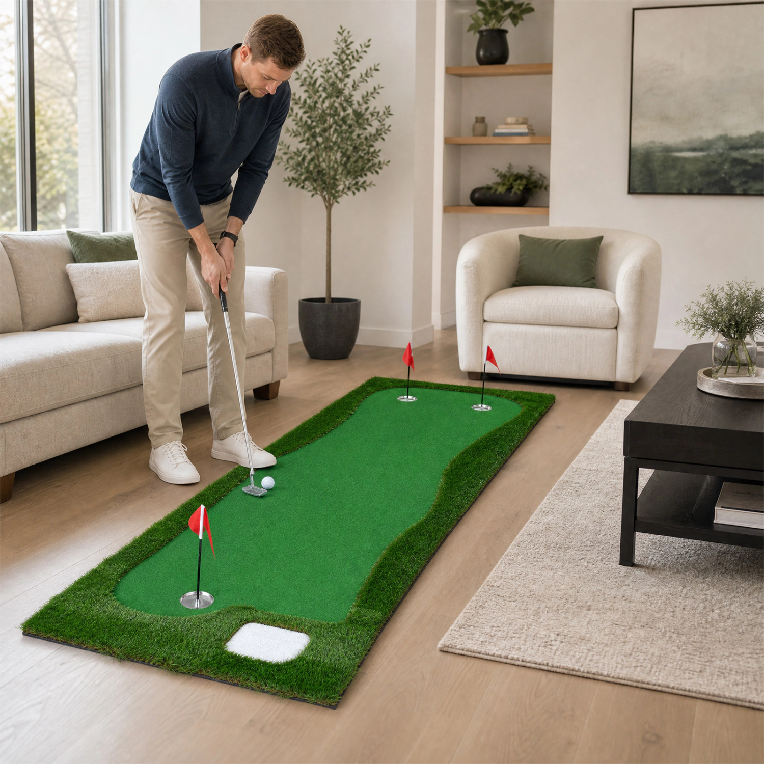LJG 10 x 3.5ft Golf Putting Green with 3 Hole Cups and 3 Flags for Home Backyard Garage Office