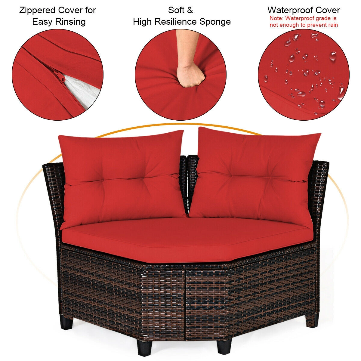 SUGIFT 4-Piece Red Rattan Patio Sofa Set with Cushions and Glass Table