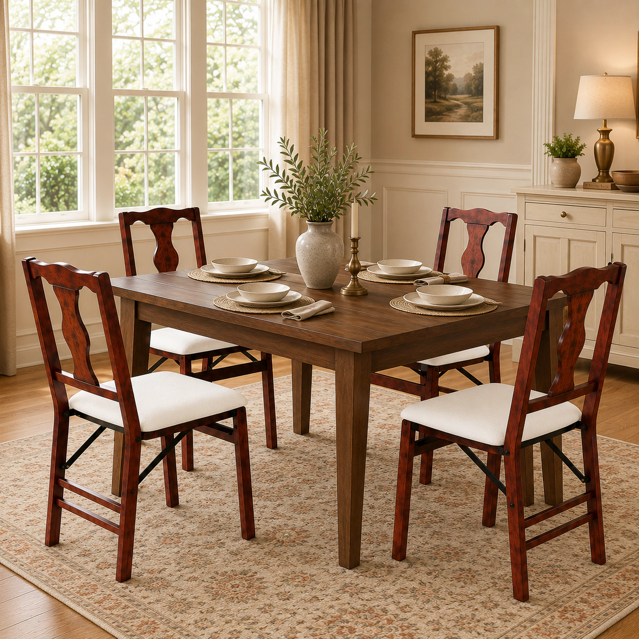SUGIFT Brown Comfy Padded Seats and Wood Frame Set of 4 Folding Dining Chairs Upholstered