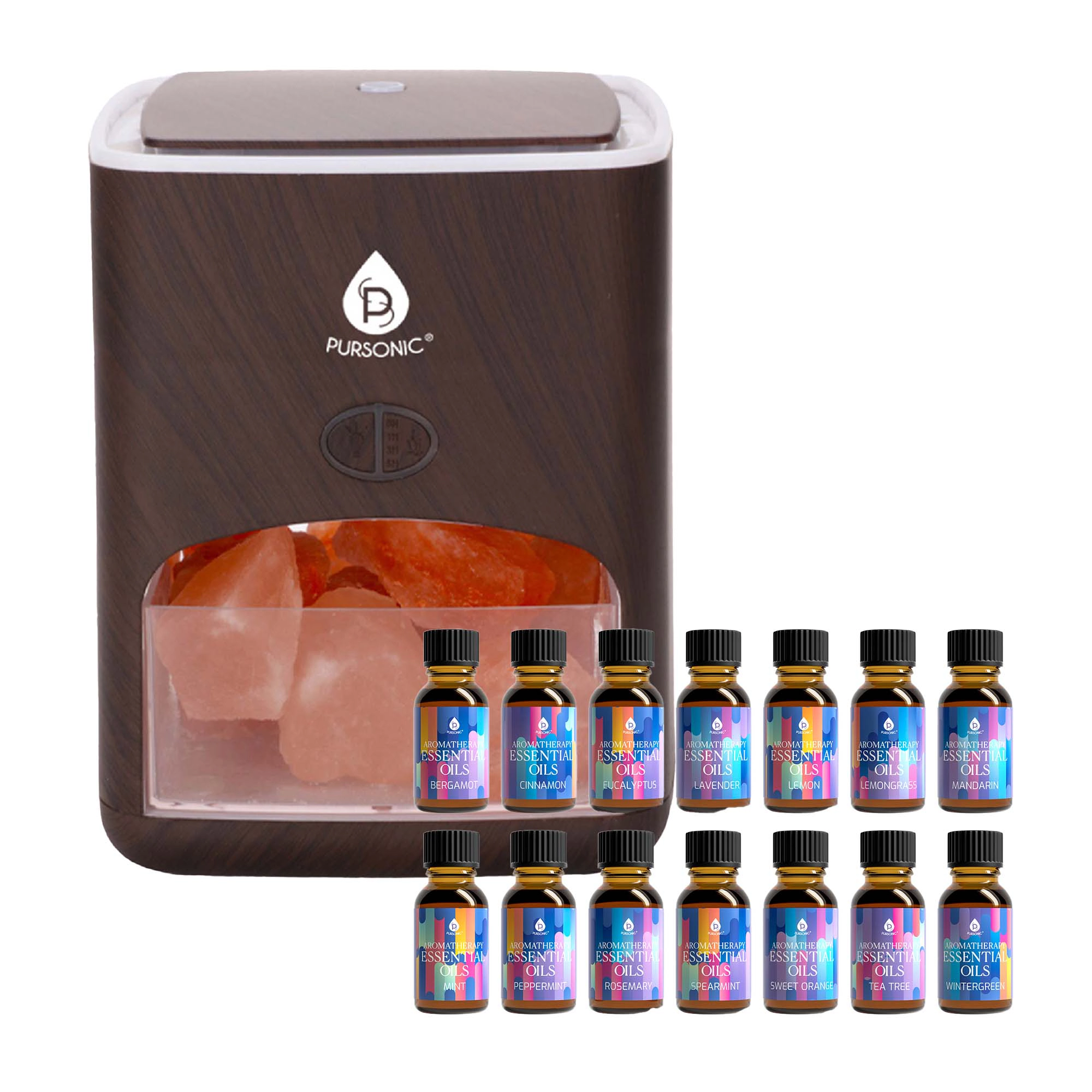 Pursonic Unisex Aromatherapy Wellness Bundle with Himalayan Salt Lamp Diffuser & 14-Pack Pure Essential Oils Set