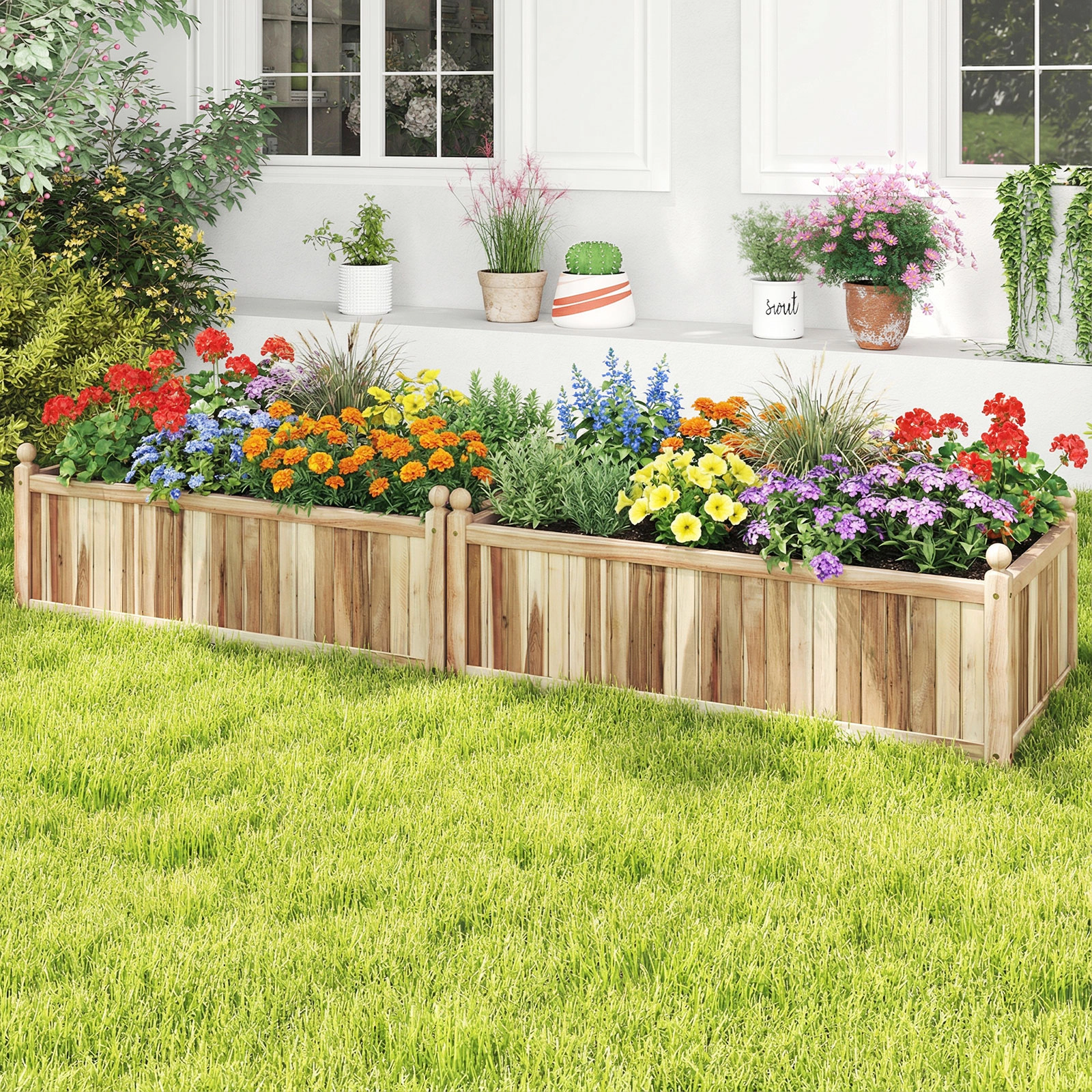 LJG Wooden Raised Garden Bed Natural Acacia Wood Rectangular Planter Box with Liner