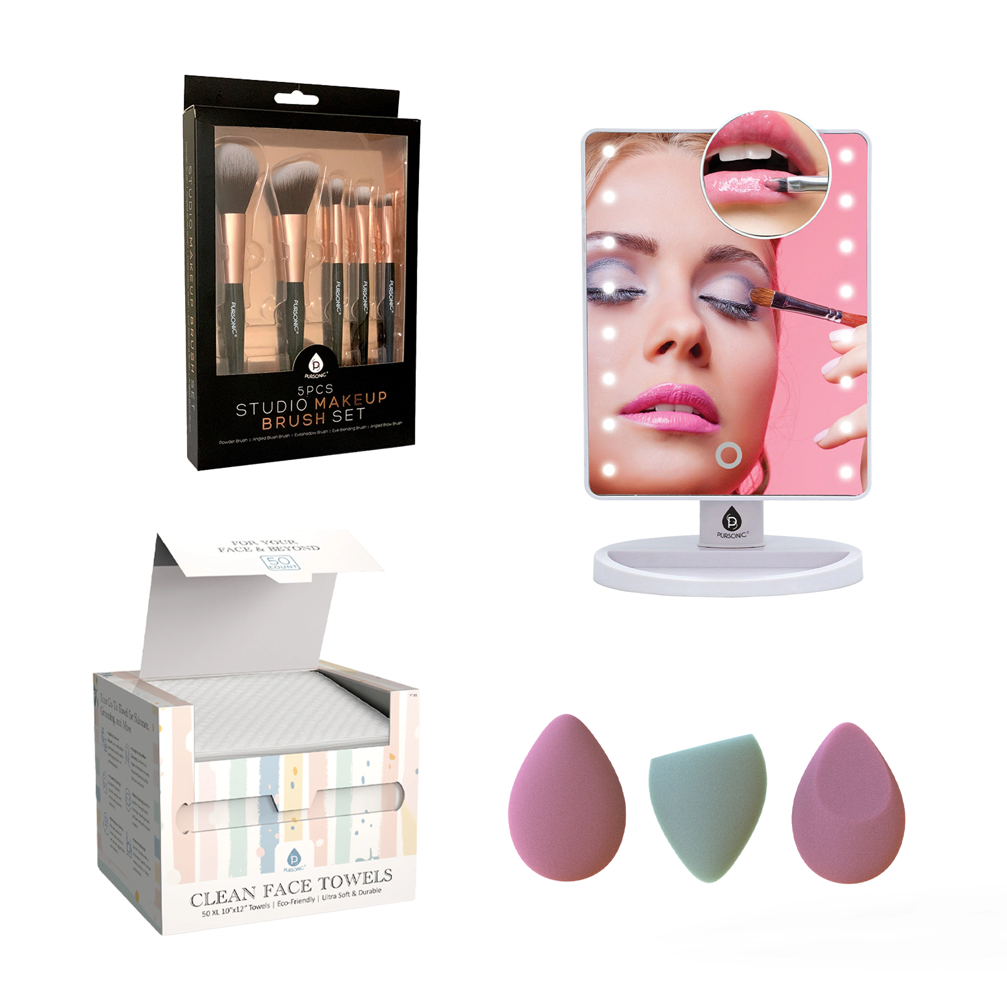 Pursonic Women's Beauty Essentials Makeup Brush Facial Towel LED Mirror & Blender Sponge Set