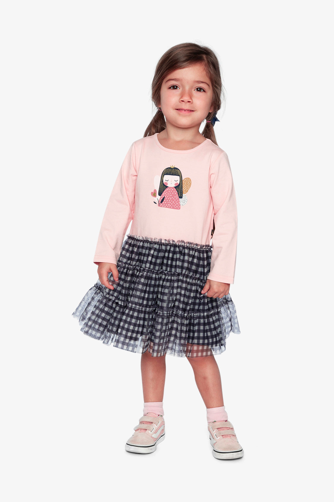 Deux par Girls Fairy Graphic & Gingham Bi-Material Dress