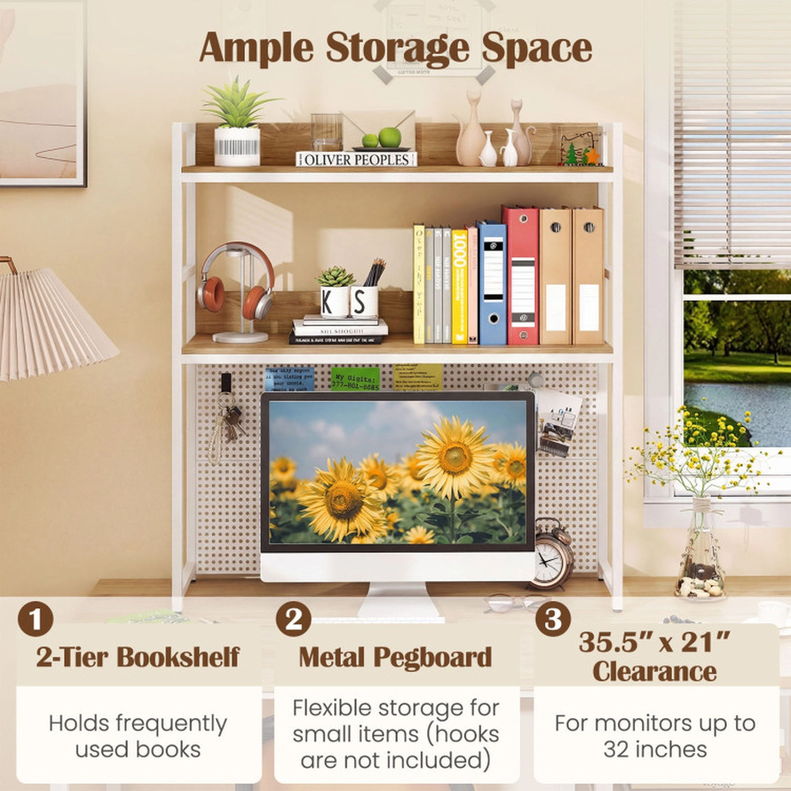 SUGIFT 2-Tier Desktop Bookshelf with Pegboard for up to 32-in Computer Monitor 55-lb Capacity per Tier Natural