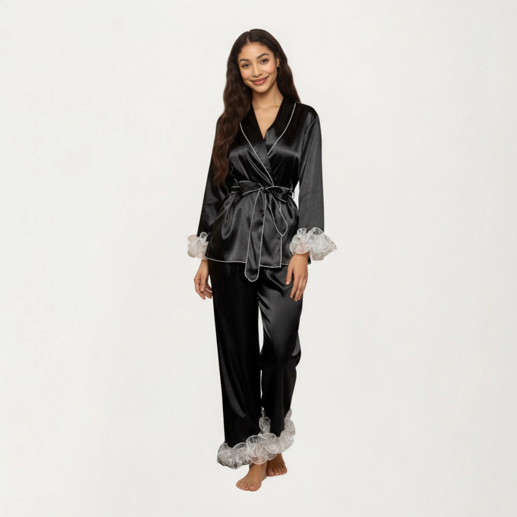 Anna-Kaci Women's 2-Piece Satin Wrap Long Sleeve Feather Trim Top and Straight Leg Pants