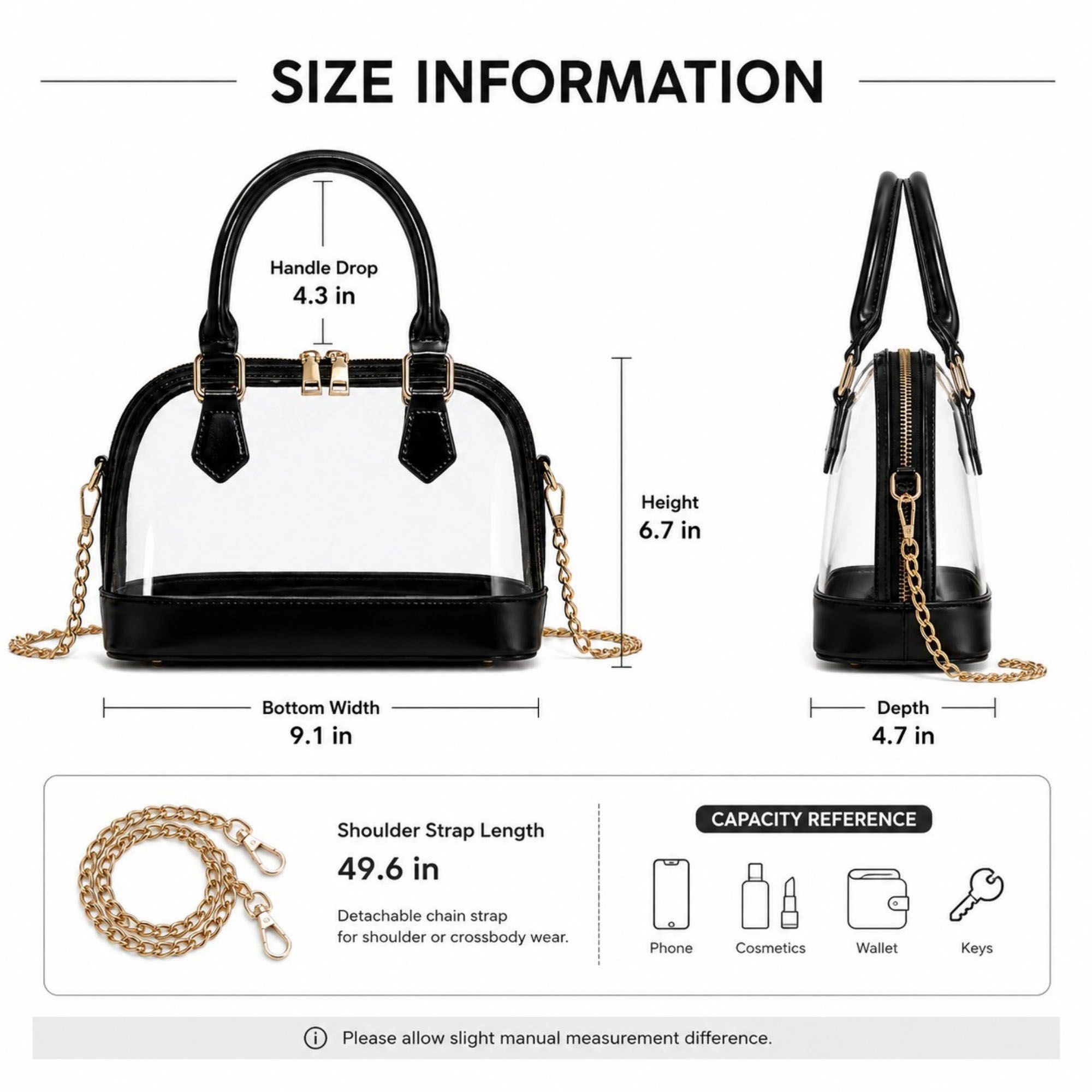 Alilang Women's Clear PVC Mini Satchel Bag with Zipper Top and Detachable Chain Strap