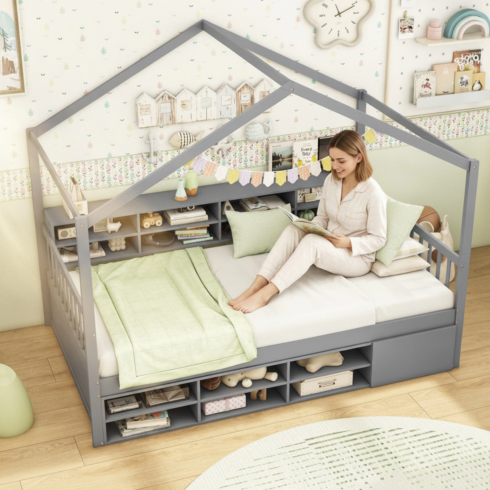 SUGIFT Twin House Bed with Roof, 14 Storage Cubes, Cabinet and Guardrails, Gray/White