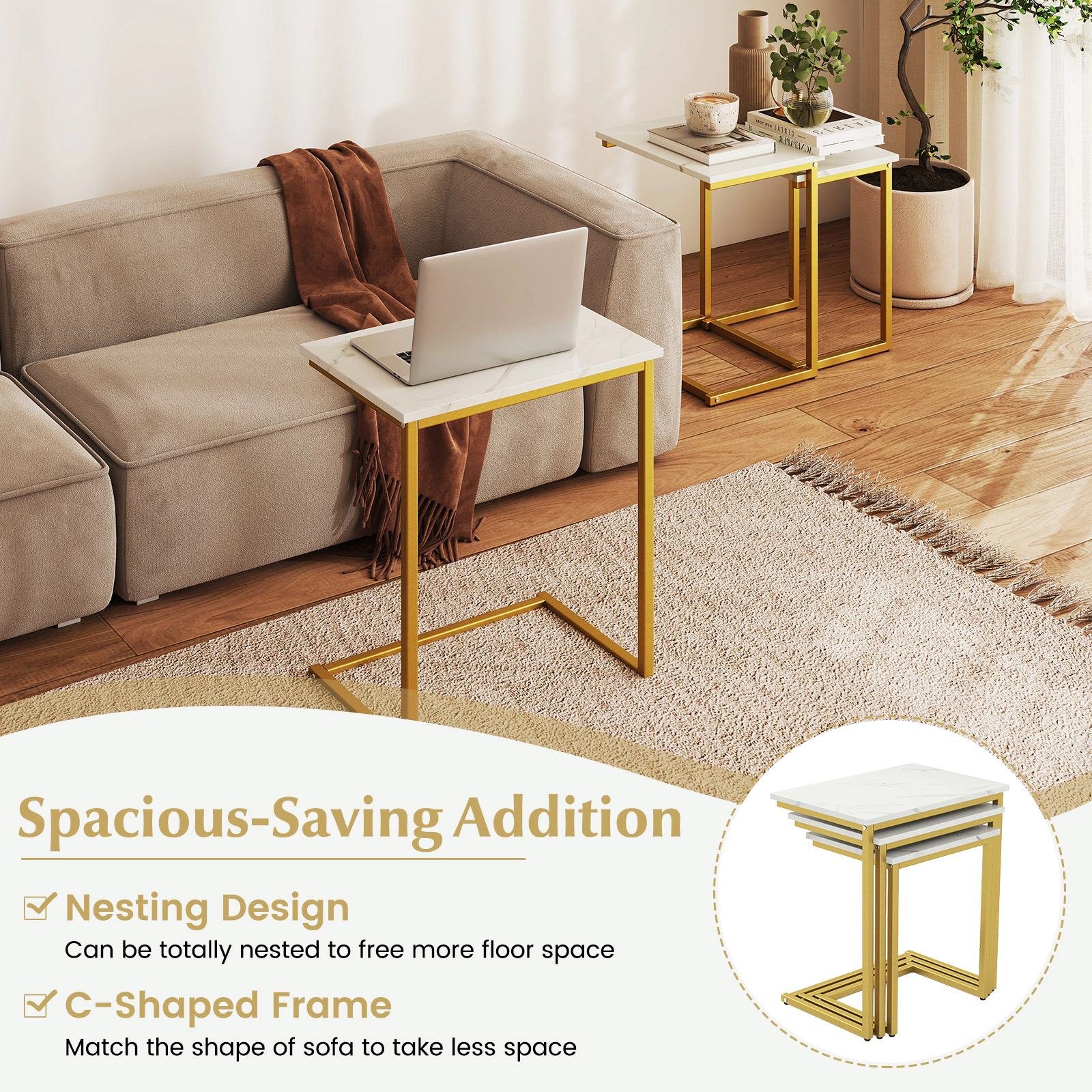 SUGIFT 3-Piece Stackable C-Shaped Coffee and End Table Set 44-lb Capacity MDF and Steel Frame 20-in Large White