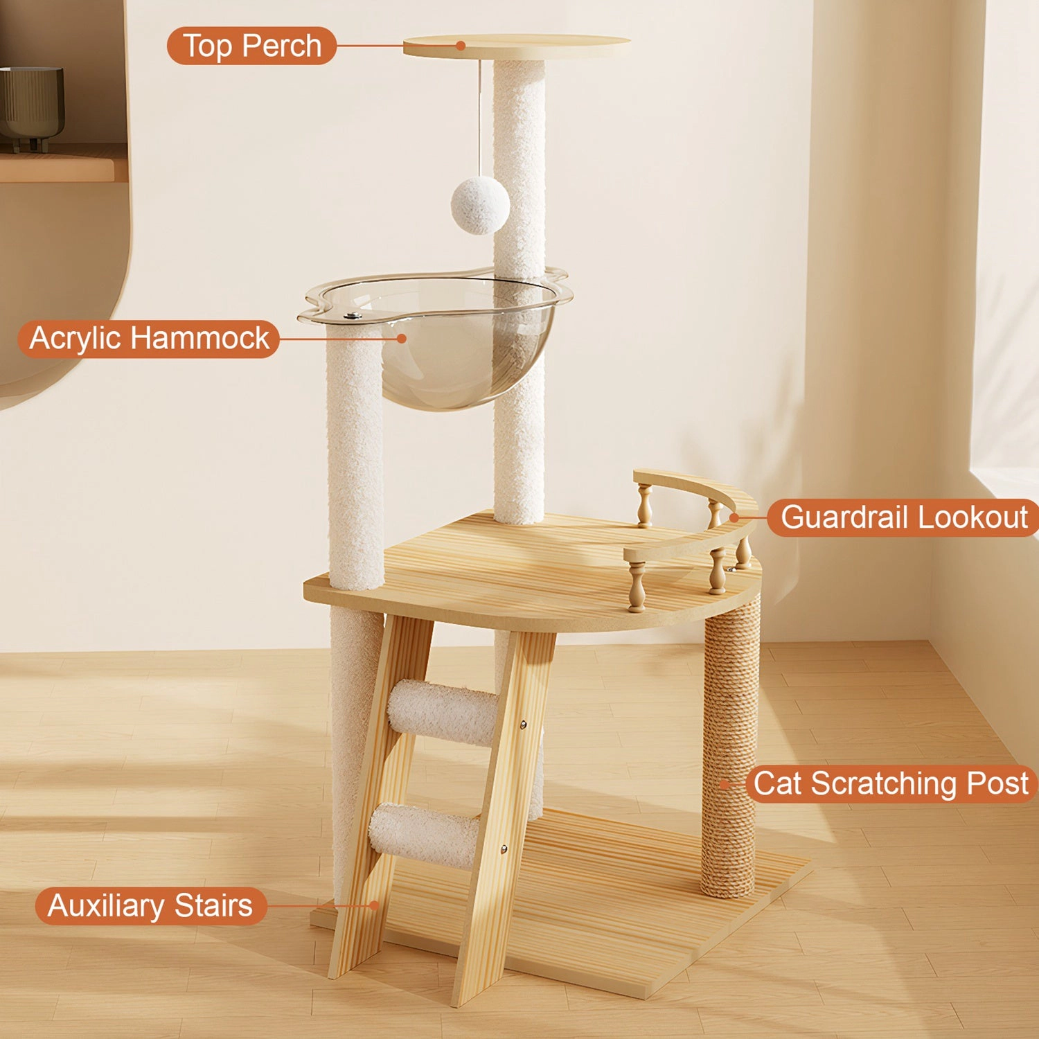 GBruno Multi-Level Wooden Cat Tree With Acrylic Hammock