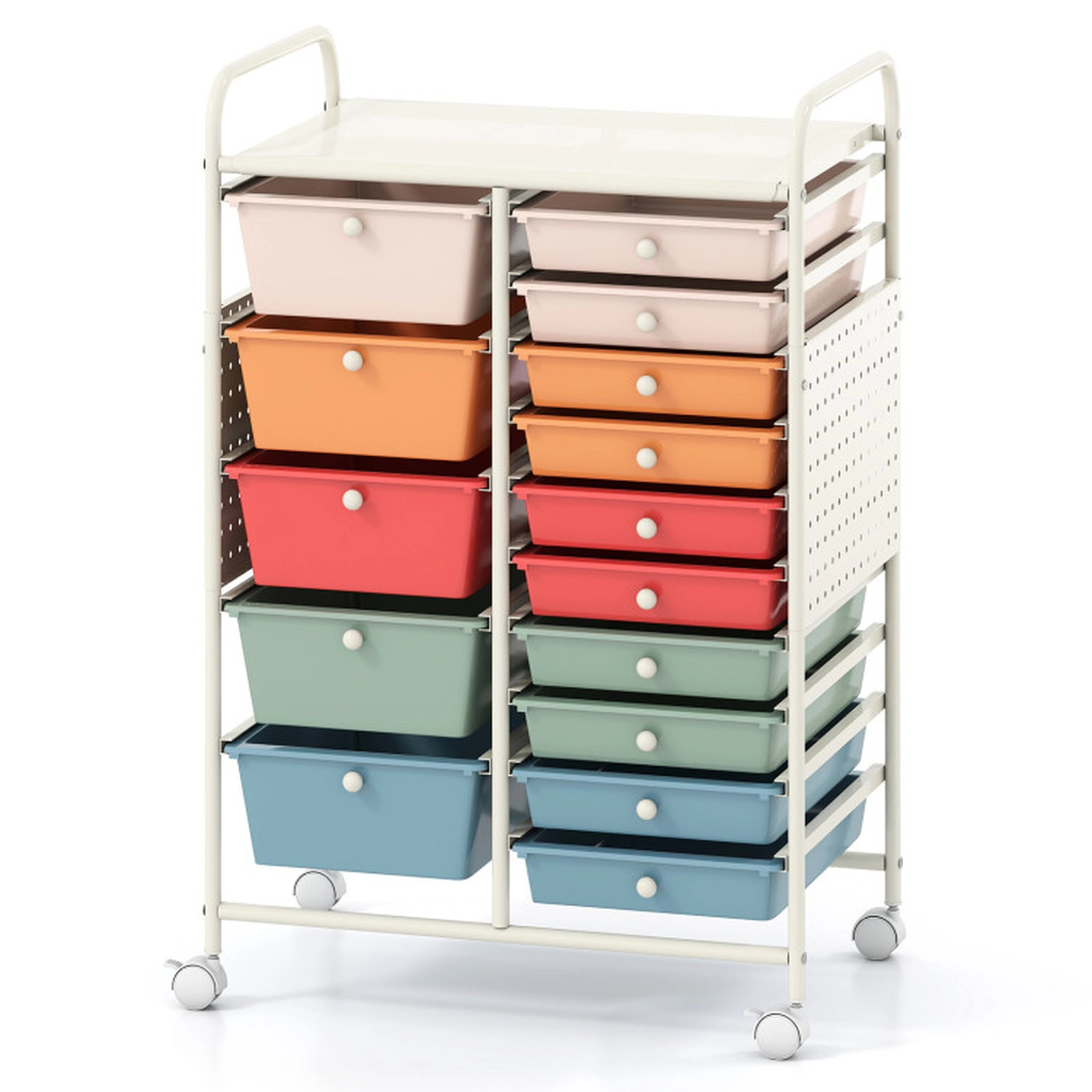 SUGIFT 15-Drawer Rolling Storage Cart with Metal Tabletop and Pegboard 25 x 14.5 x 34.5 in Macaron+White Color