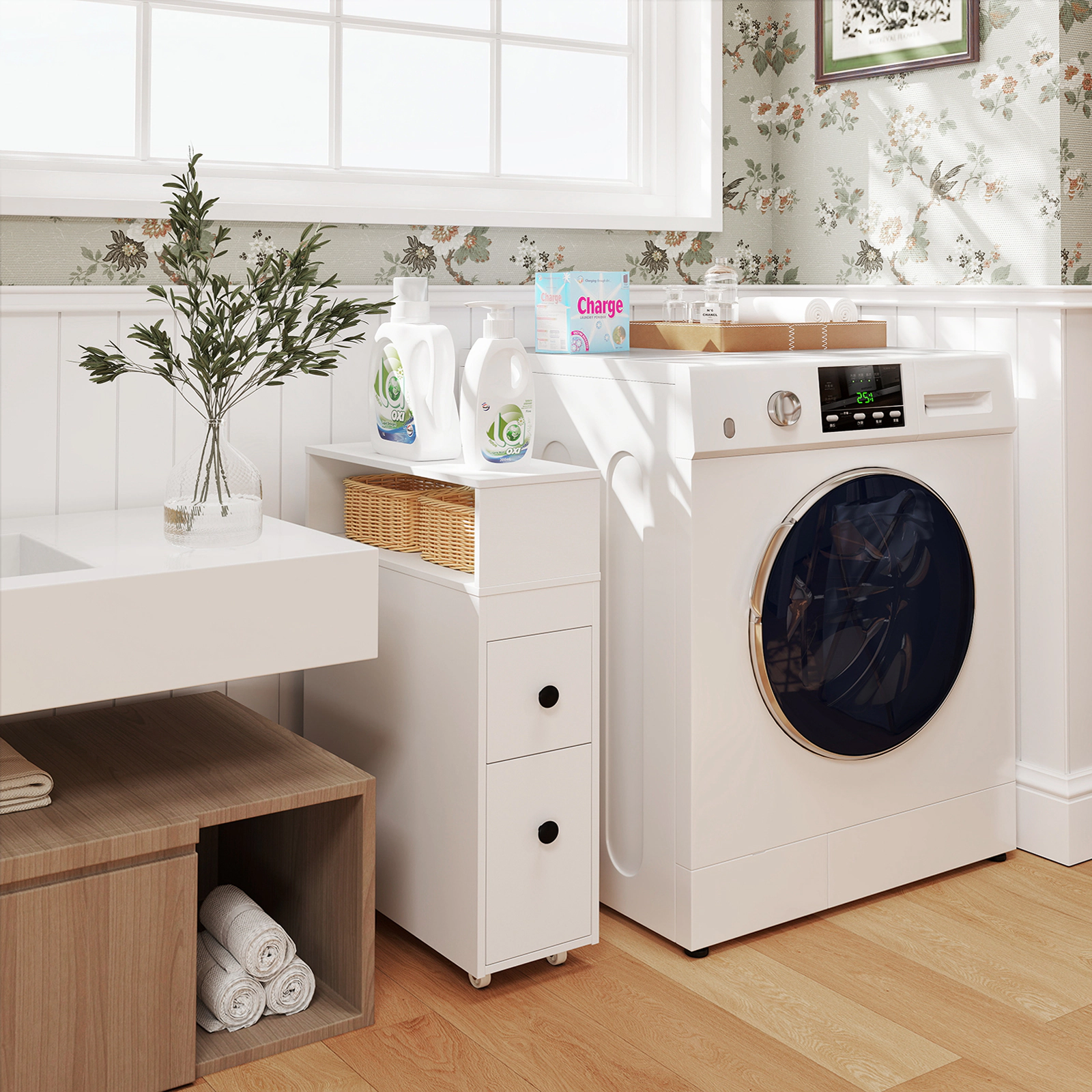 Slickblue White Narrow Bathroom Storage Cabinet with Wheels and Removable Baskets