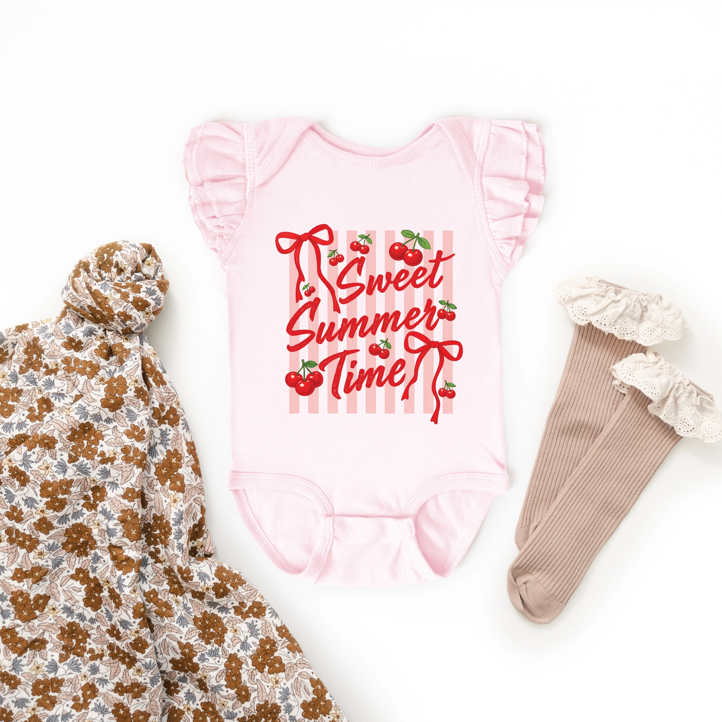 The Juniper Shop - Sweet Summer Time Cherries Coquette Baby Flutter Sleeve Bodysuit