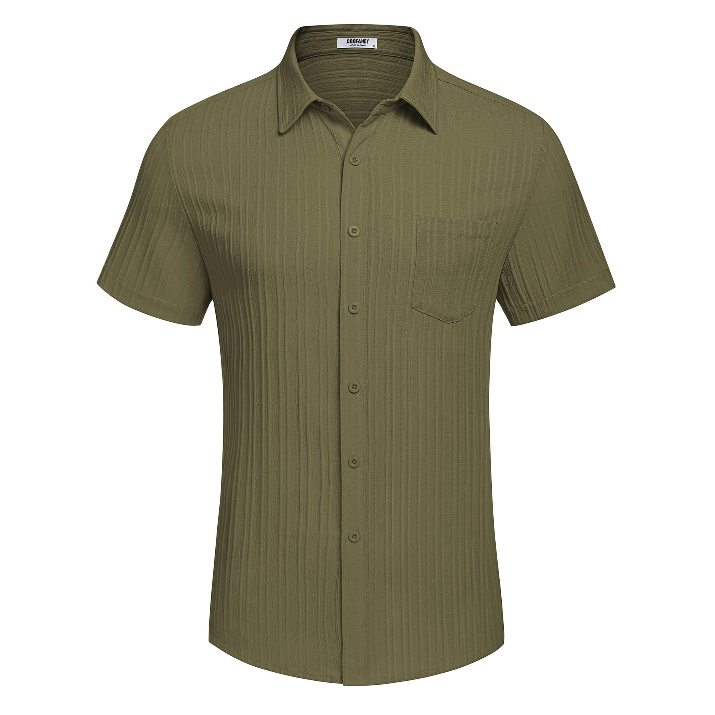 COOFANDY Mens Short Sleeve Button Down Shirt  Pleated Camp Collar Casual Tops