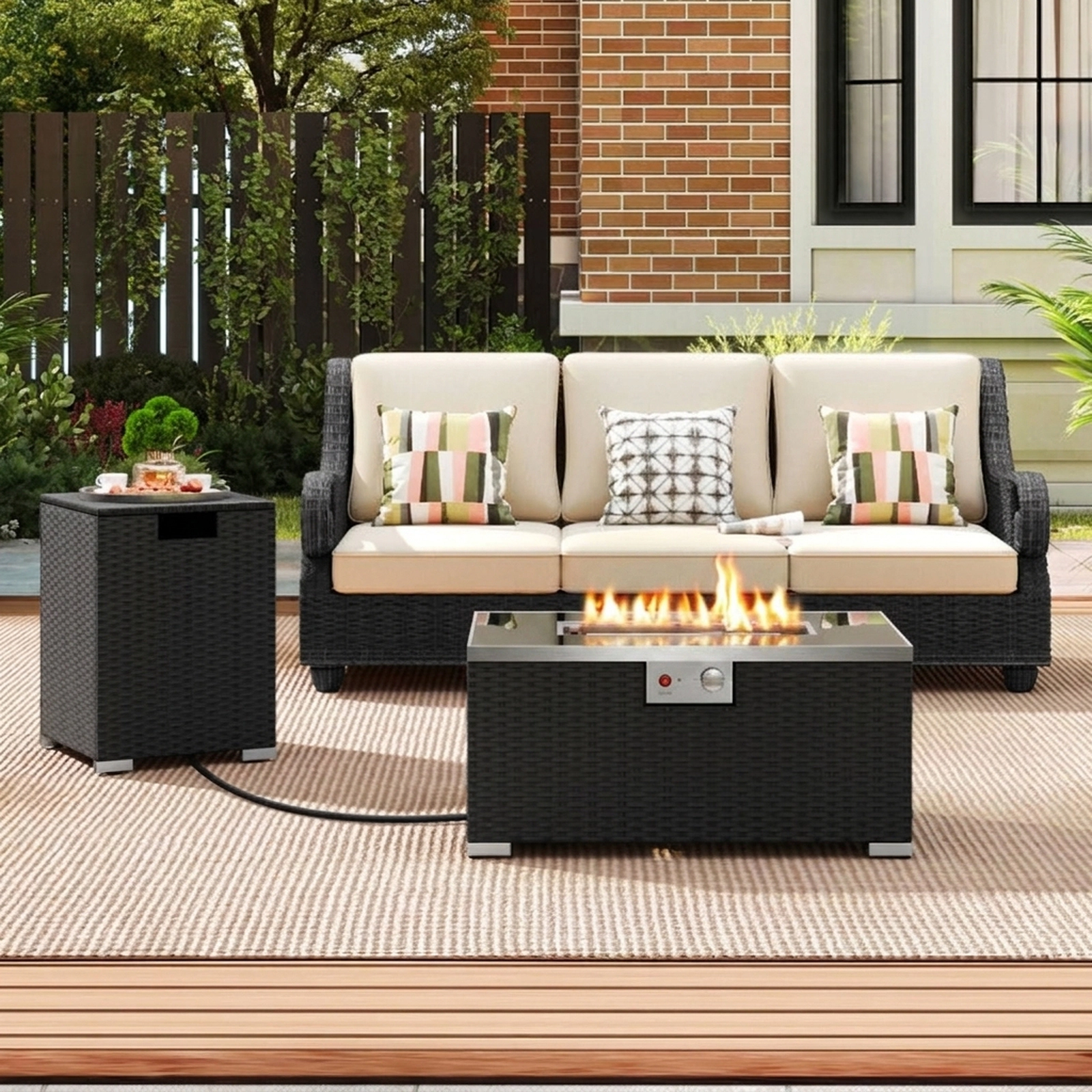 SUGIFT 2-Piece Rattan Gas Fire Pit Table Set 32-in Rectangle 265-lb Capacity with Tank Cover Black Tempered Glass Top