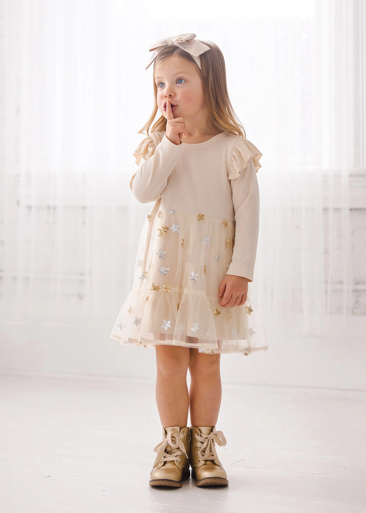 Isobella and Chloe Nutcracker Rib Knit Embroidered Tulle Dress, Creme