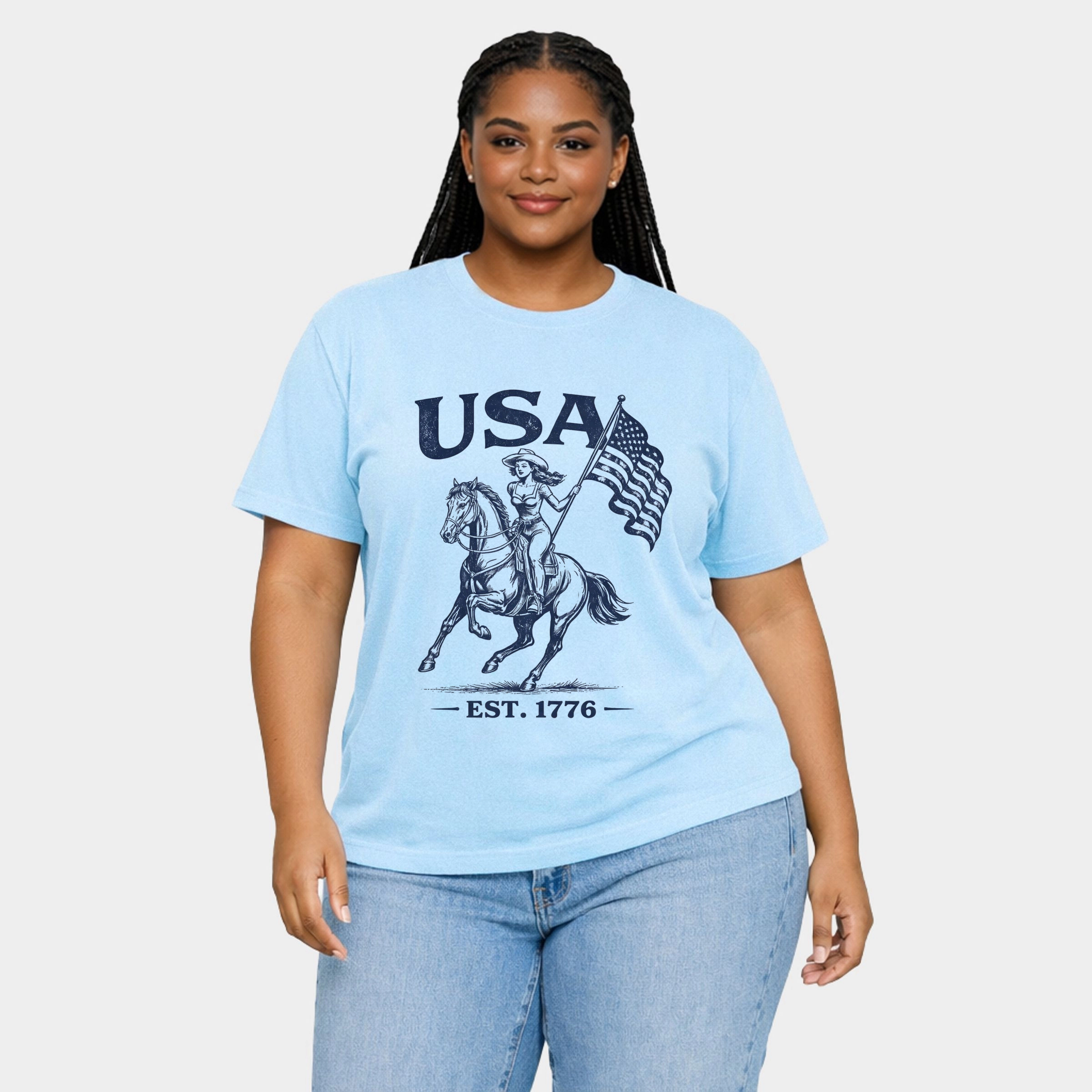 Simply Sage Market - USA Cowgirl Flag Women's Plus Sized Garment Dyed Graphic T-Shirt