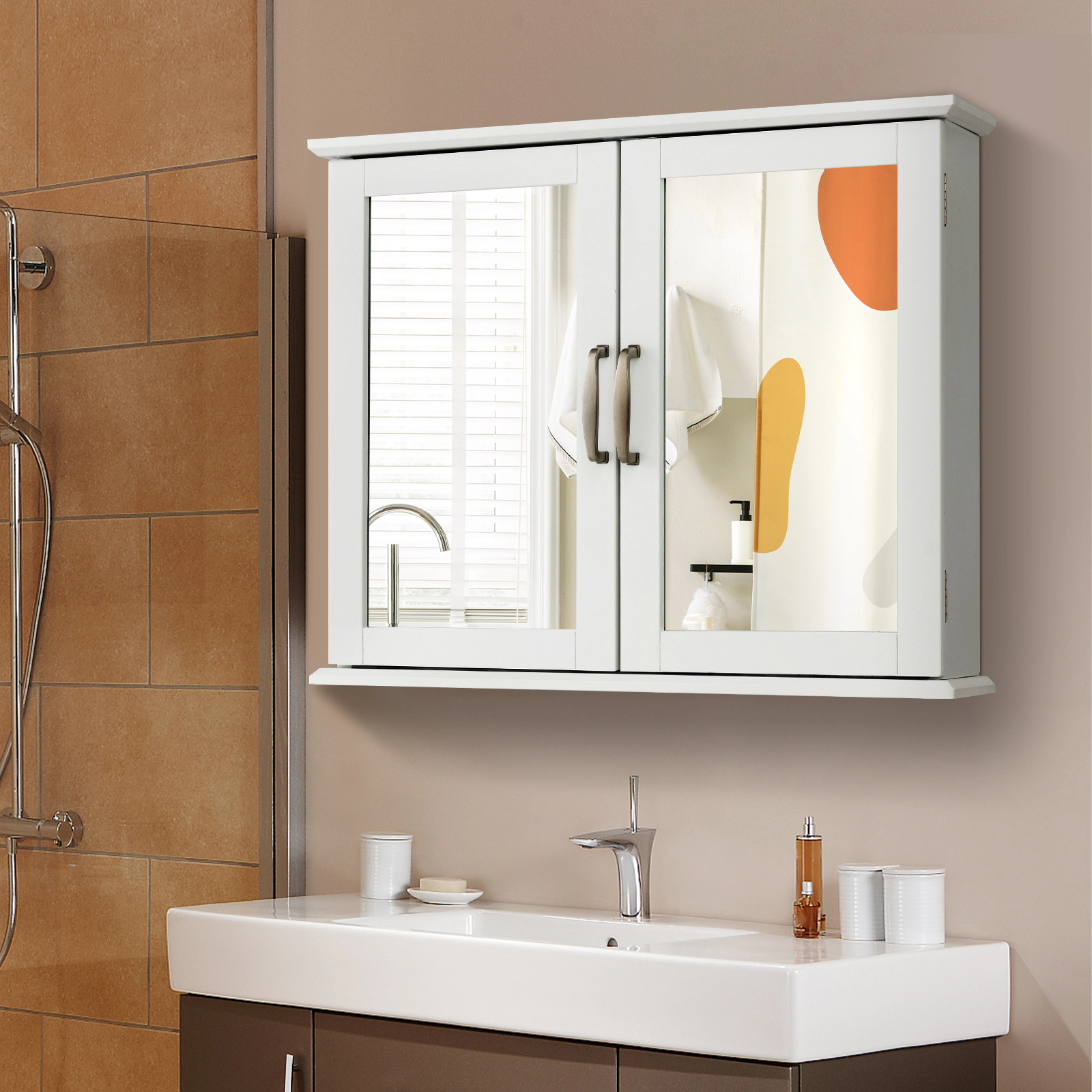 SUGIFT 2-Tier Twin Mirrored Doors Metal Handles MDF Bathroom Medicine Cabinet 23.5-in x 5.5-in x 19.5-in 15.5-lb White