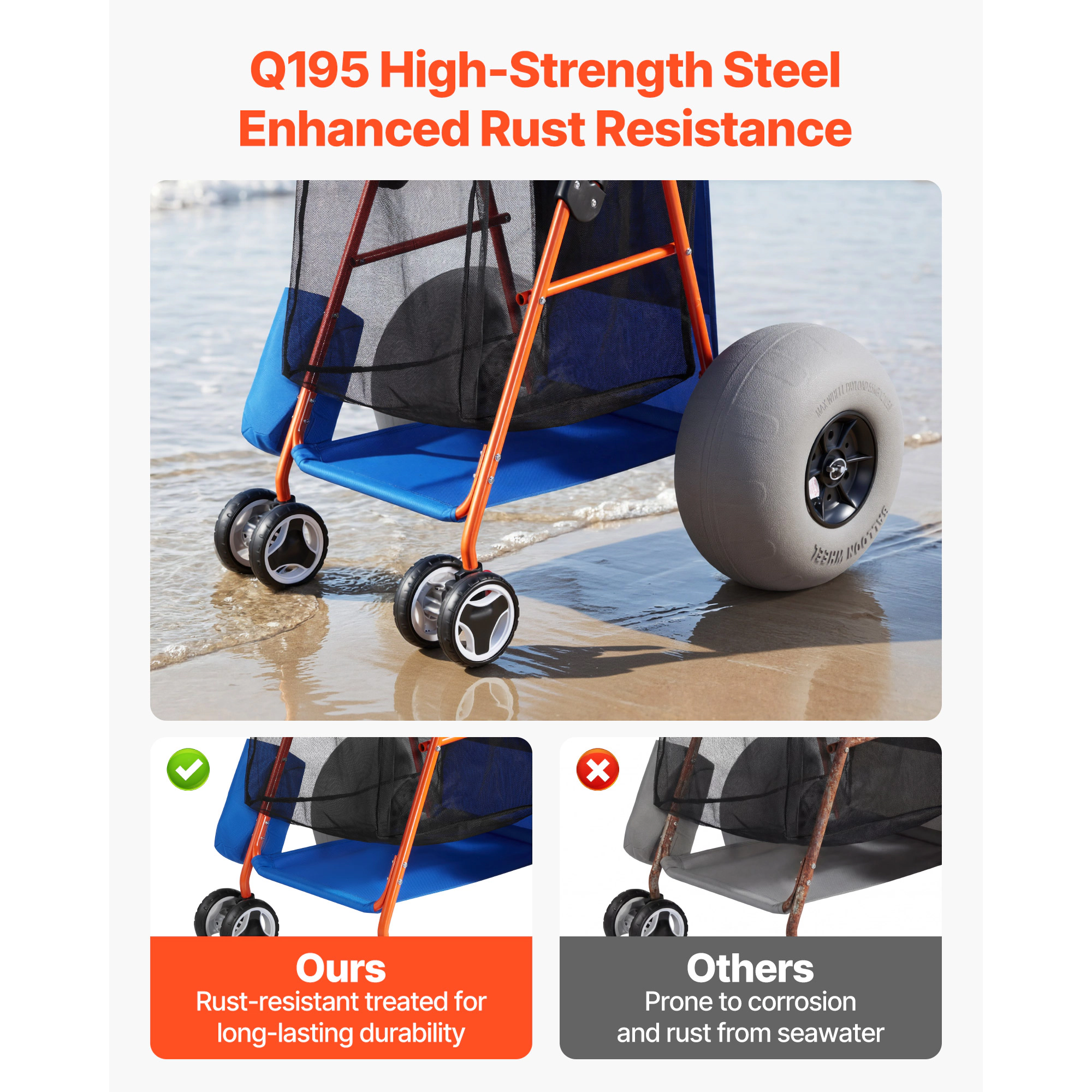 HONGGE Heavy Duty Folding Sand Cart with 12" Balloon Wheels for Beach Camping, 165 lbs Load Capacity