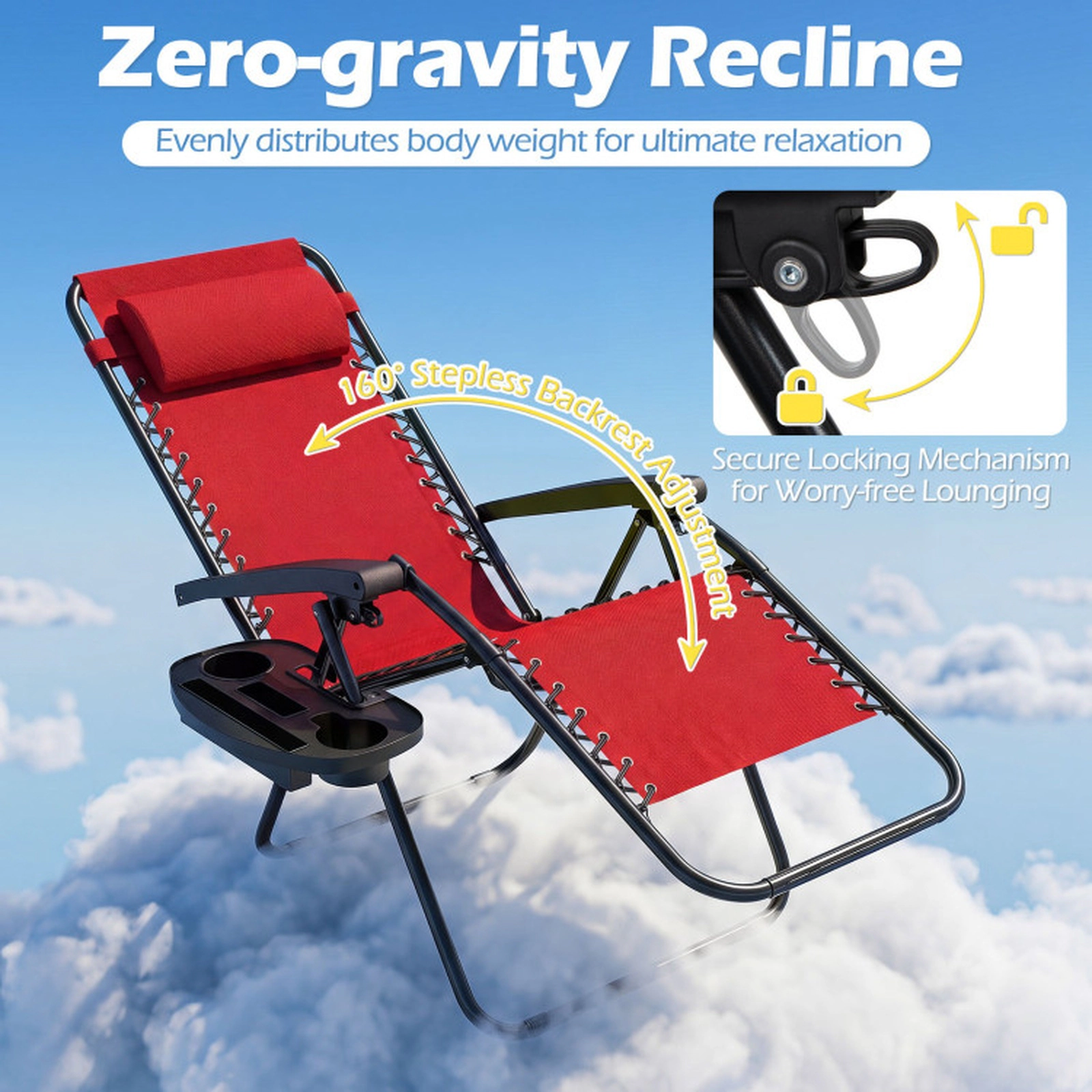SUGIFT Set of 2 Red Steel Zero Gravity Recliners, 160° Recline, Cup Holder Tray, 250-Lb Capacity