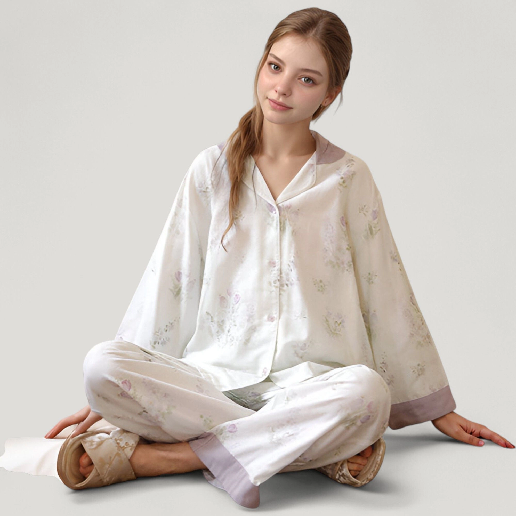 Anna-Kaci Women's Woven Two-Piece Pajama Set with Floral Print Contrast Trim and Relaxed Button Down Top