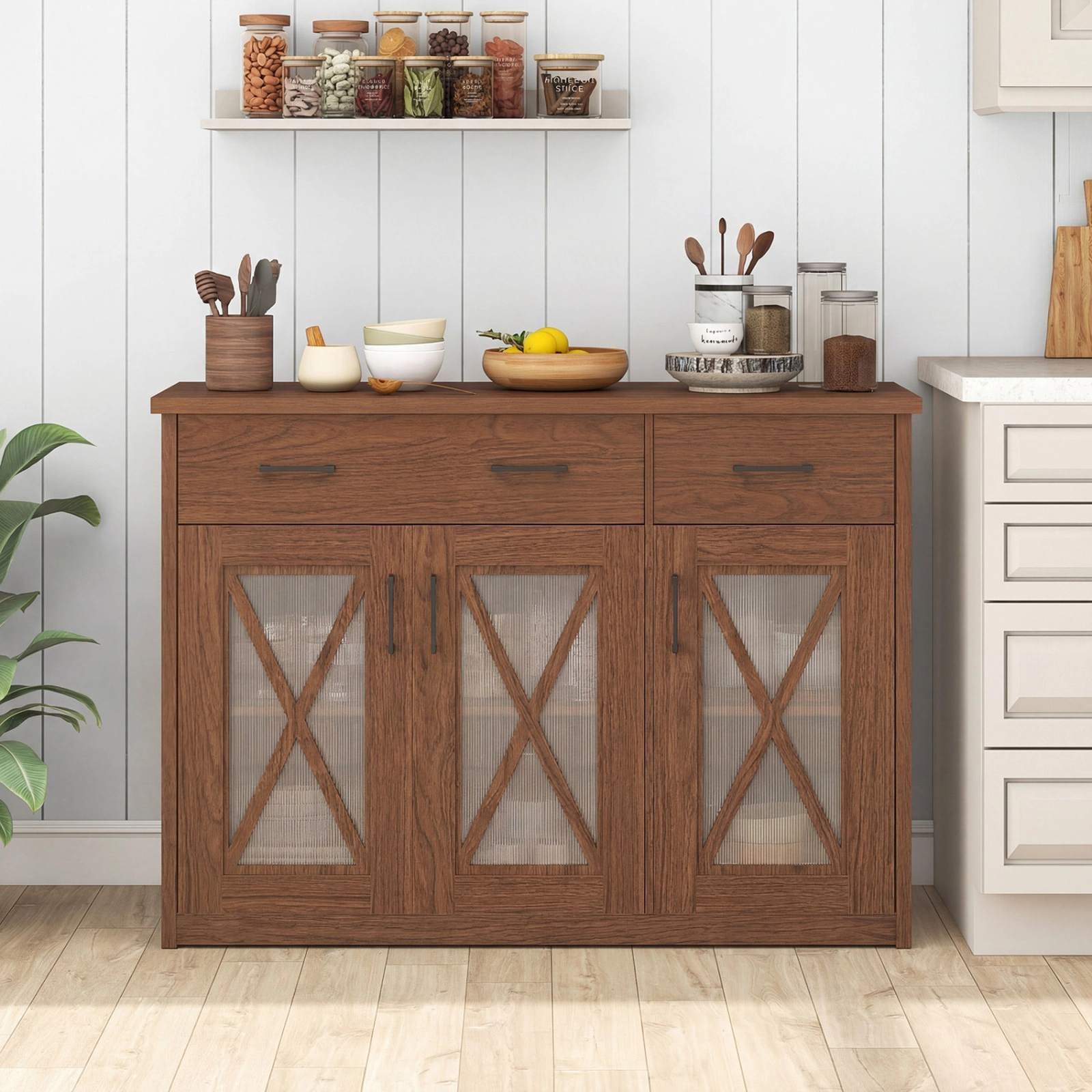 SUGIFT 47-in 132-lb Top 232-lb Total Brown Farmhouse Buffet Sideboard with 3 Barn Doors and 2 Drawers