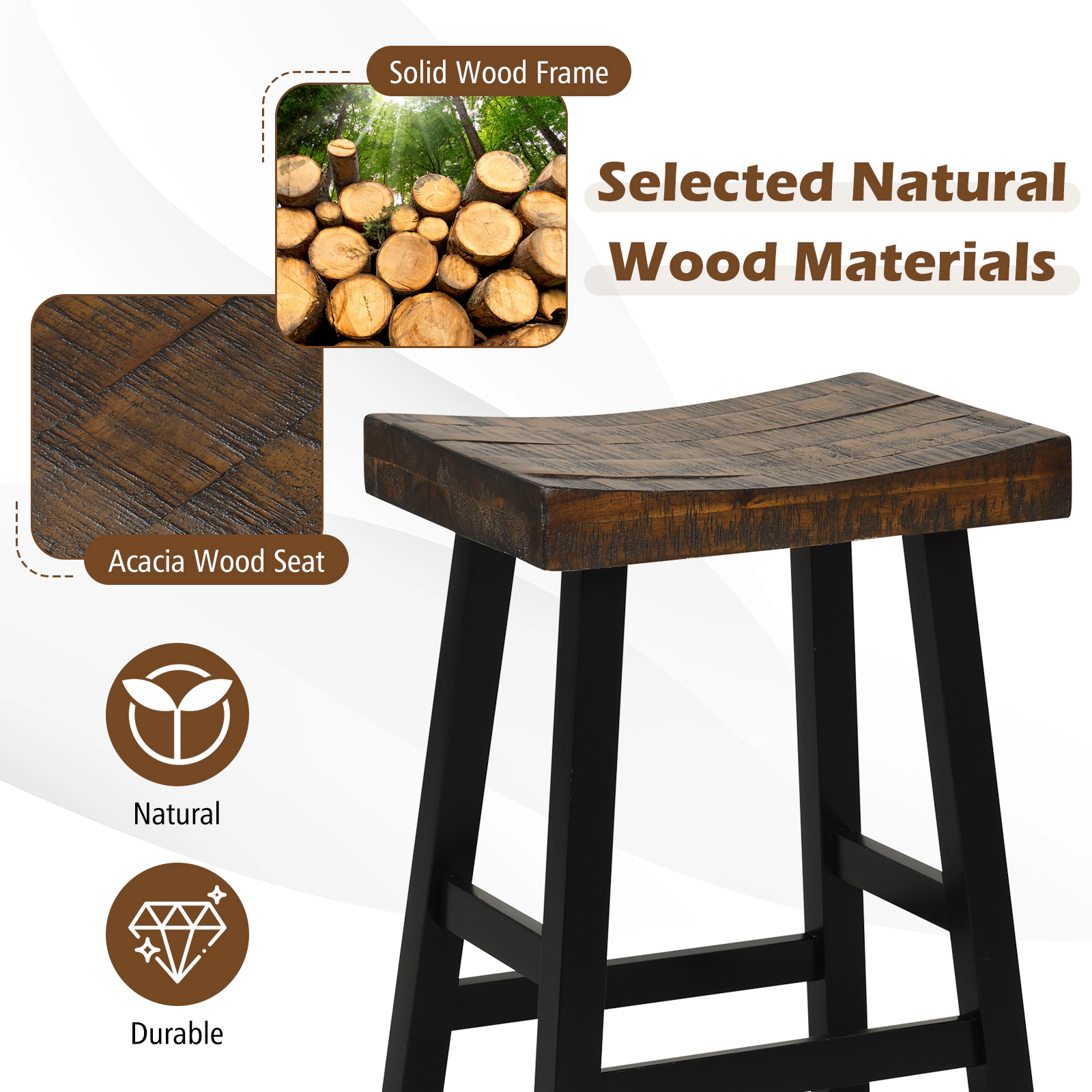 SUGIFT Solid Wood Saddle-Seat Counter Stool Curved Seat Surface 220-lb Capacity 24-in & 29-in Heights with Footrests