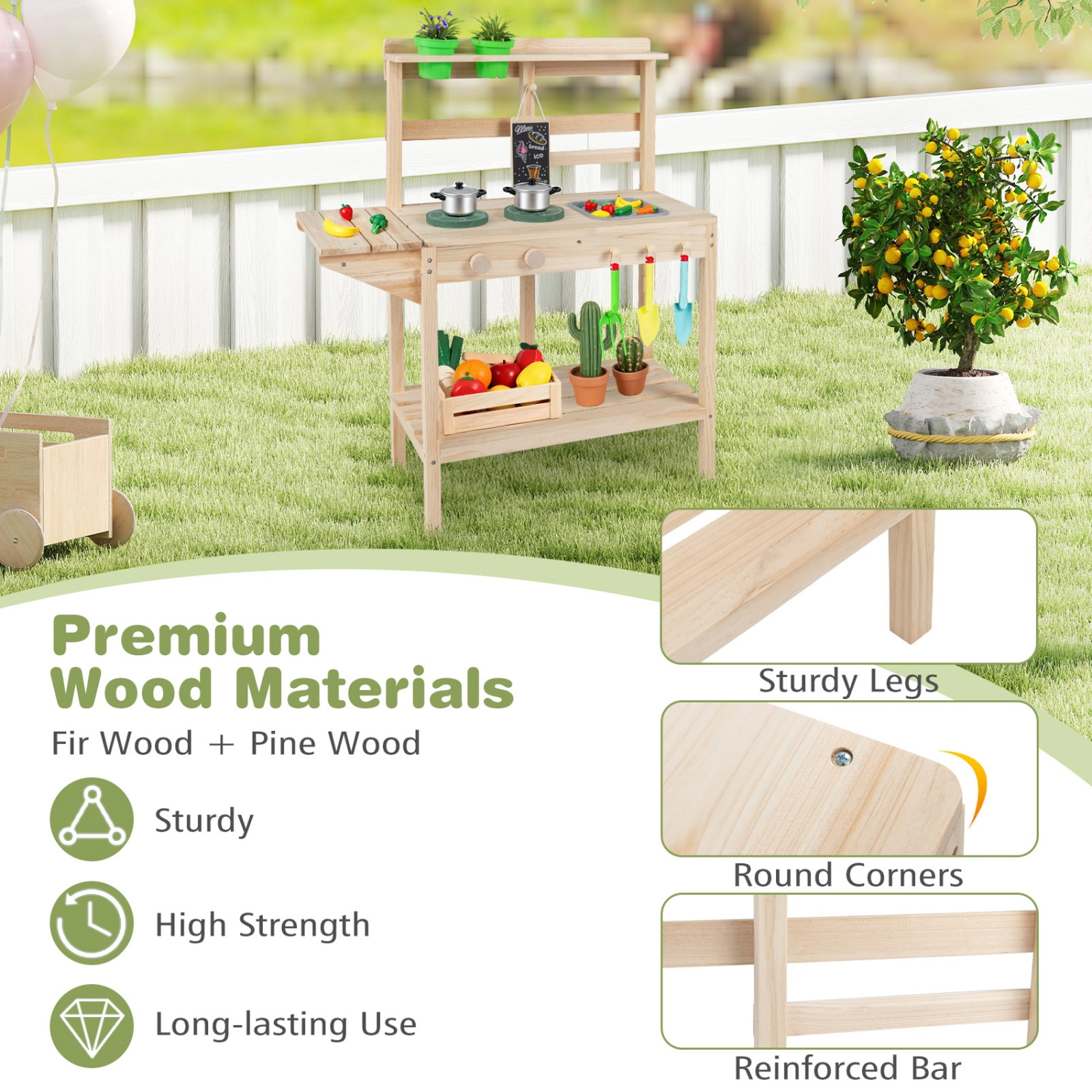 SUGIFT Natural Sink Stoves and Storage Shelves Kids Outdoor Wooden Mud Kitchen Playset