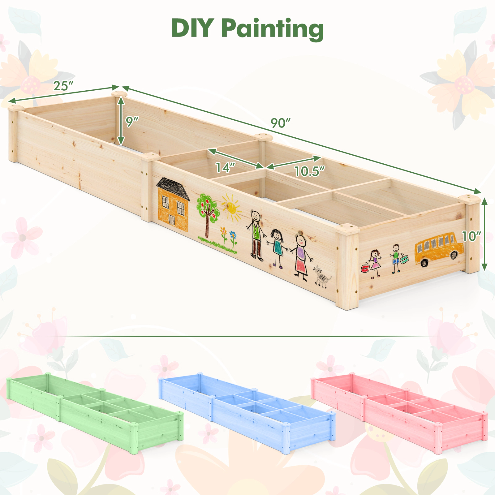 SlickBlue 90 Inch Fir Wood Raised Garden Bed with Divider Planter Box