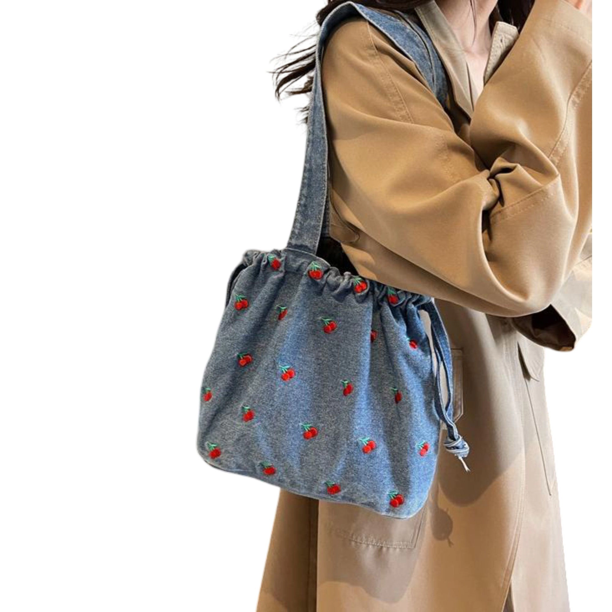 Alilang Women's Embroidered Cherry Denim Drawstring Bag with Fixed Shoulder Strap