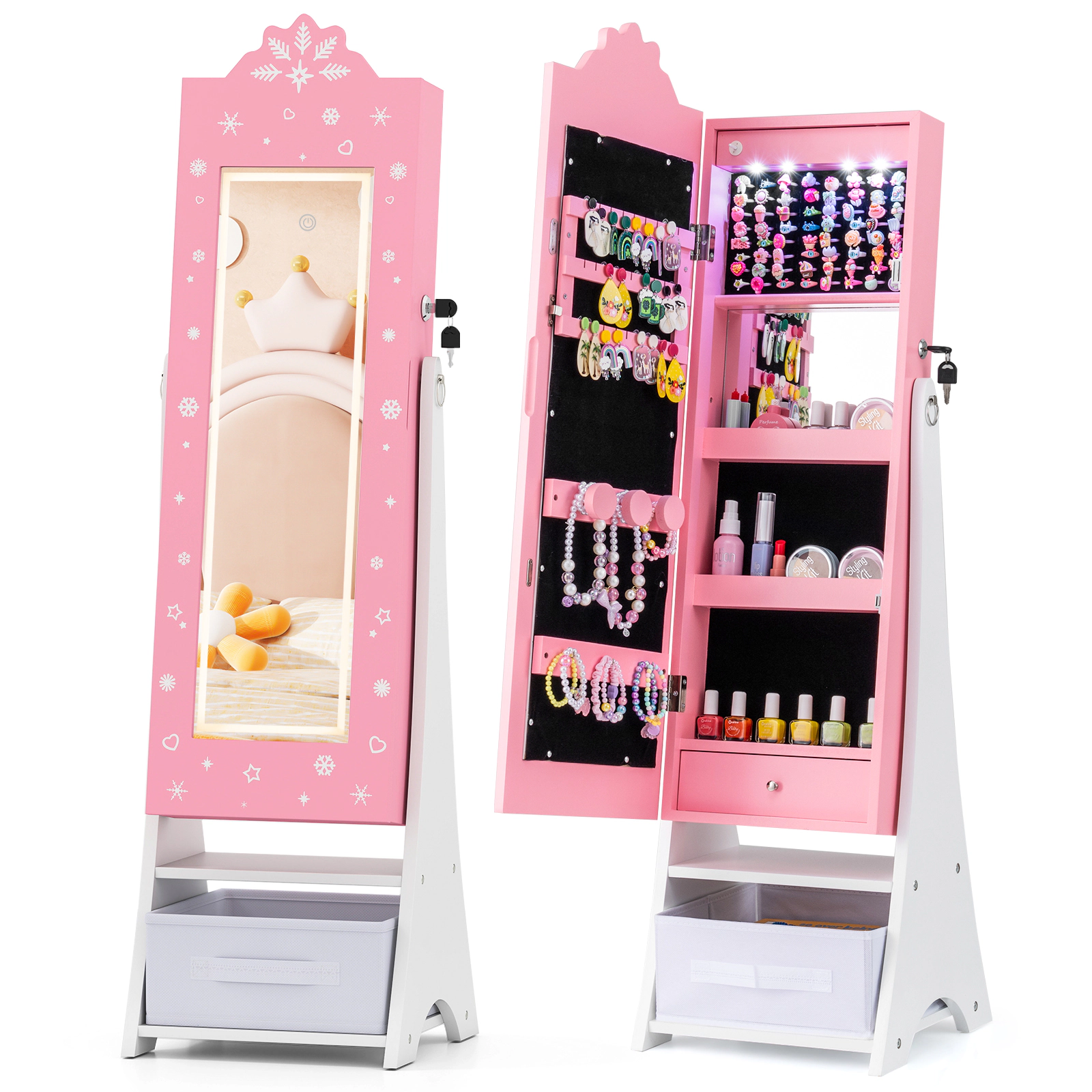 SUGIFT 3-Color Lighted Kids Jewelry Armoire Cabinet with Full-Length Mirror 12-in Wide Freestanding Vanities Pink/White