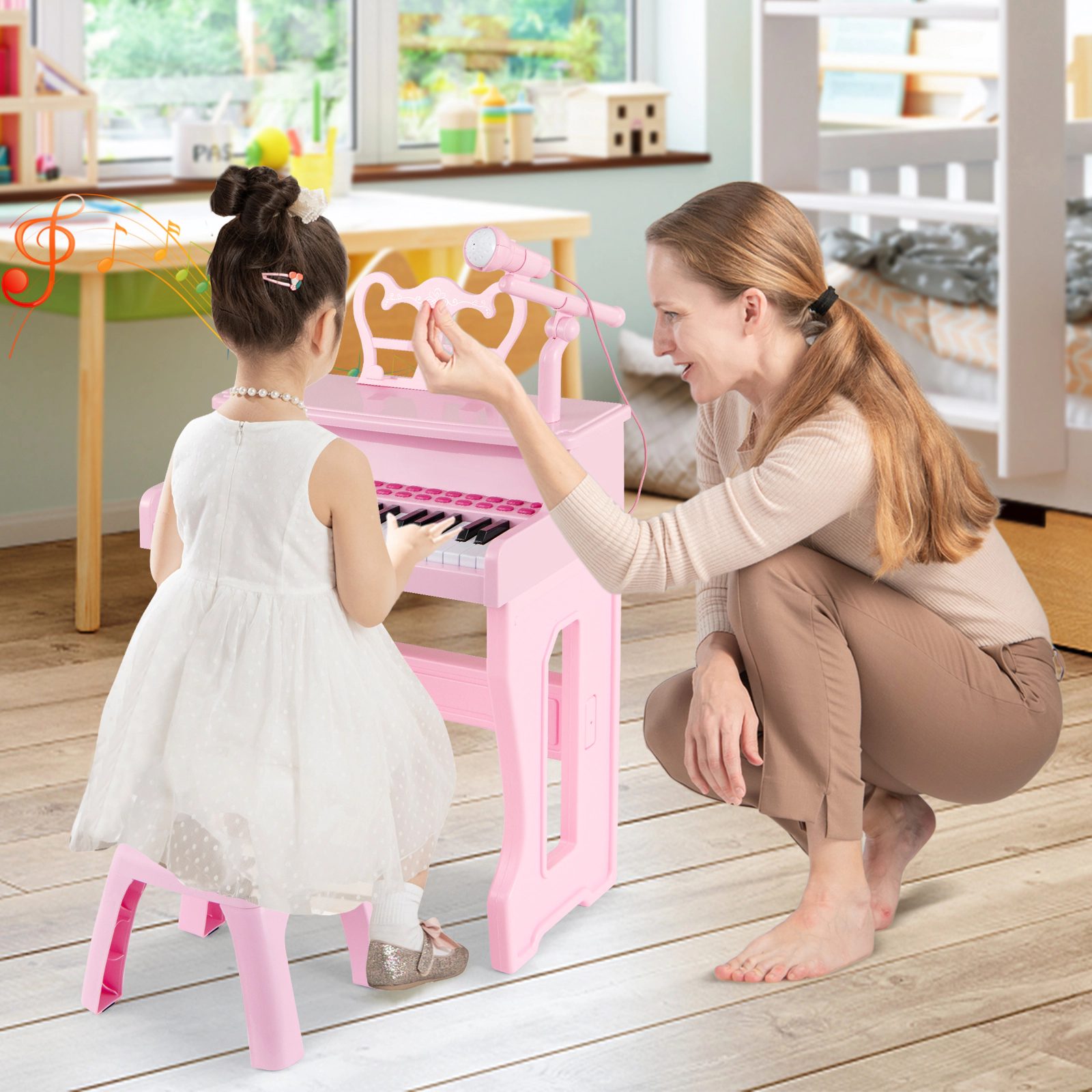 SUGIFT Kids Pink 37-Key Toy Piano Keyboard with Microphone and Stool 15.8-in W 8.9-in D 23.5-in H Ages 3+