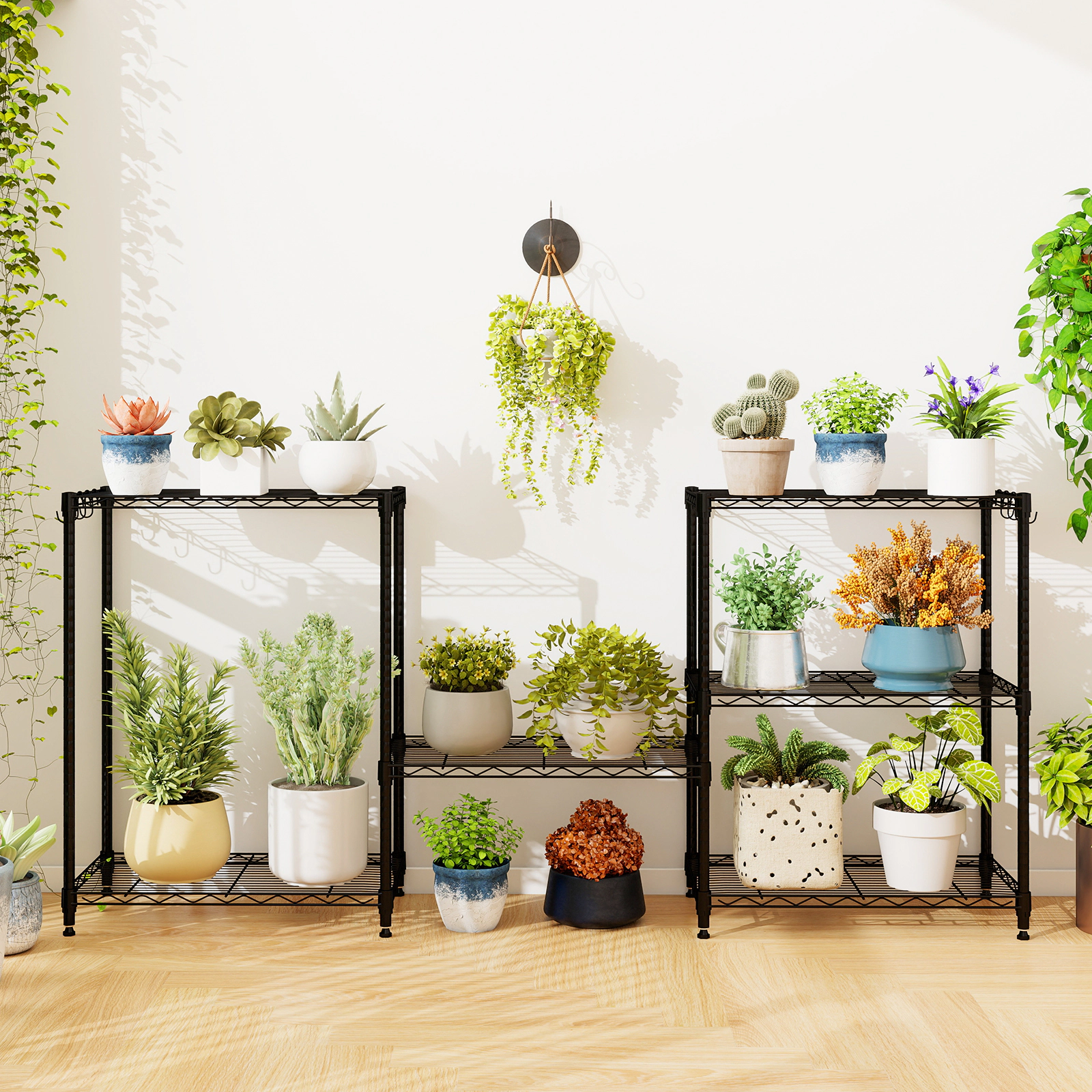 SUGIFT 3-Tier 450-lb Capacity Metal Storage Shelving Unit with V-Shaped Wire Rack and 4 Removable Hooks