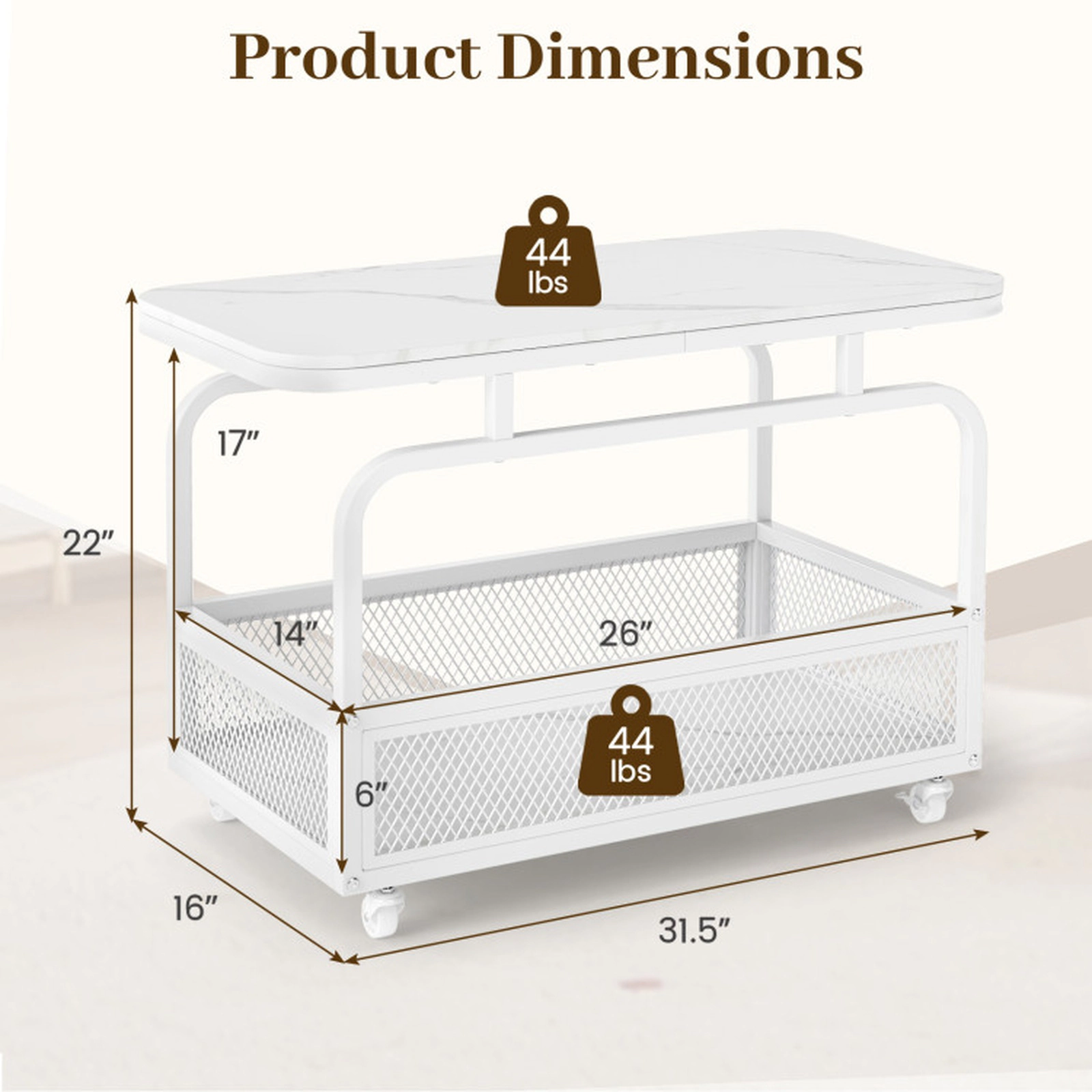 SUGIFT 31.5 in Rolling Side Table White with Faux Marble Top and Mesh Storage Basket
