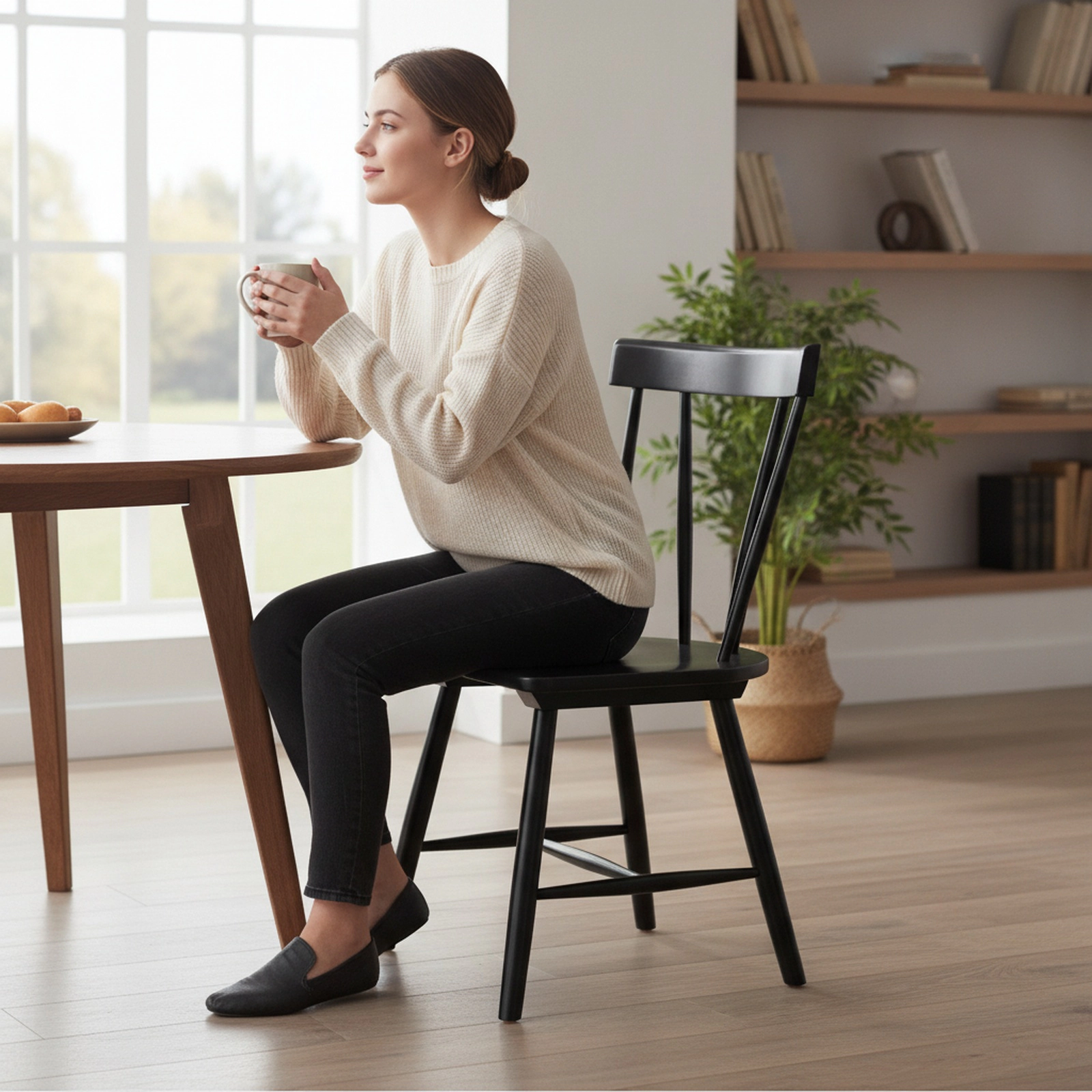 SUGIFT Set of 2 Black Windsor Dining Chairs, Solid Rubber Wood, Spindle Back, Armless, 17.5-Inch Seat
